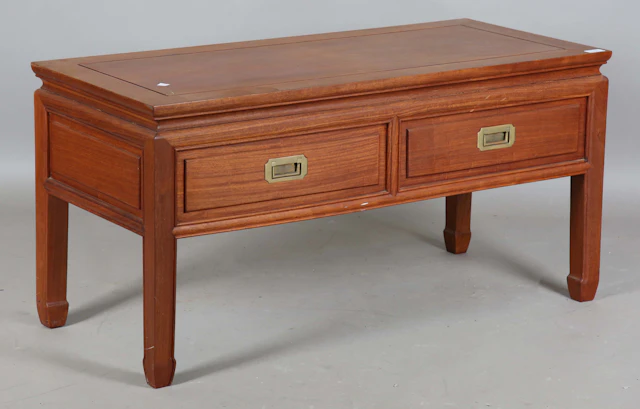 A late 20th century Chinese hardwood low side table, fitted with two