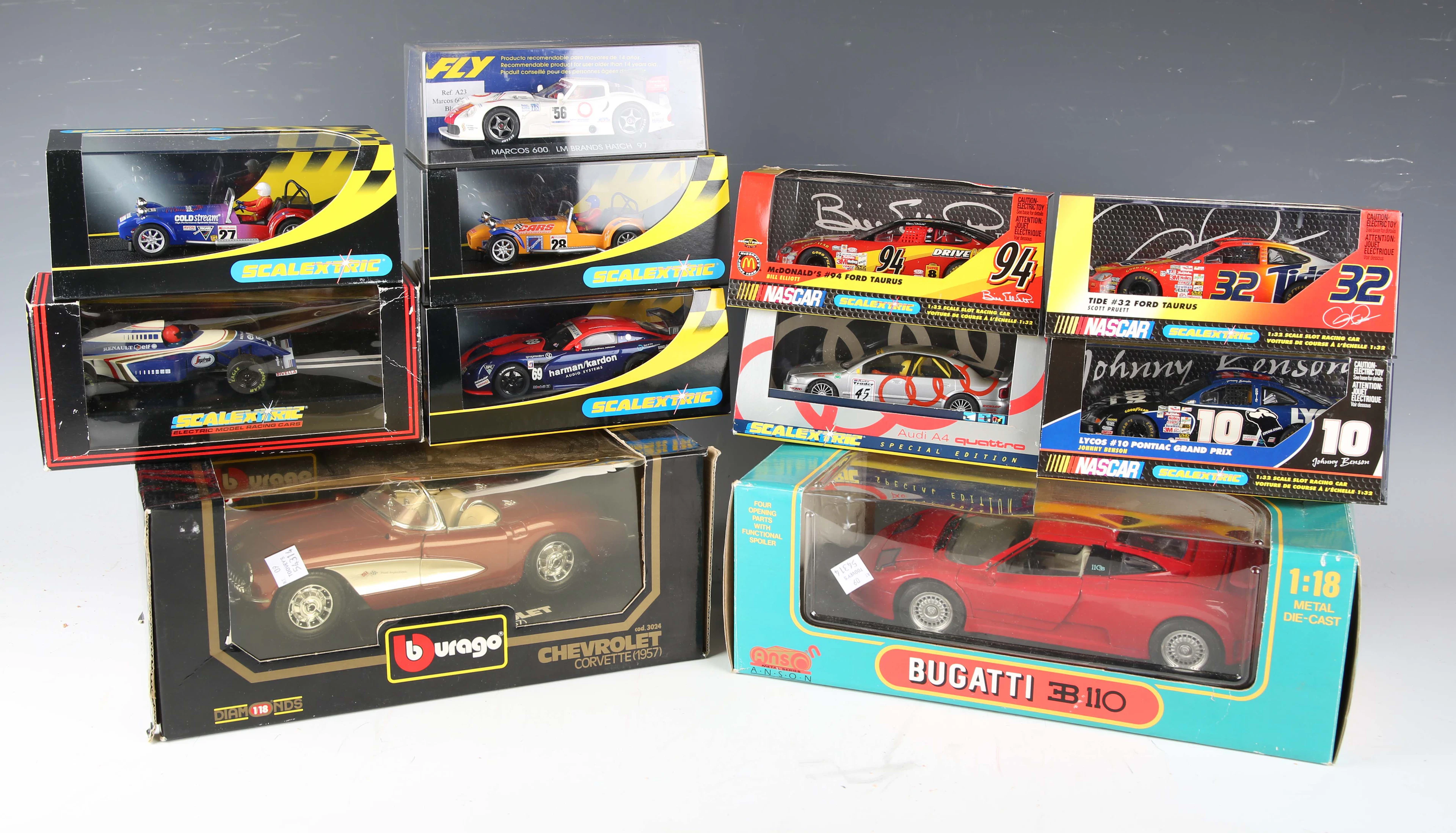 Eight Scalextric slot cars, comprising C2454 TVR Tuscan, C2002 Audi
