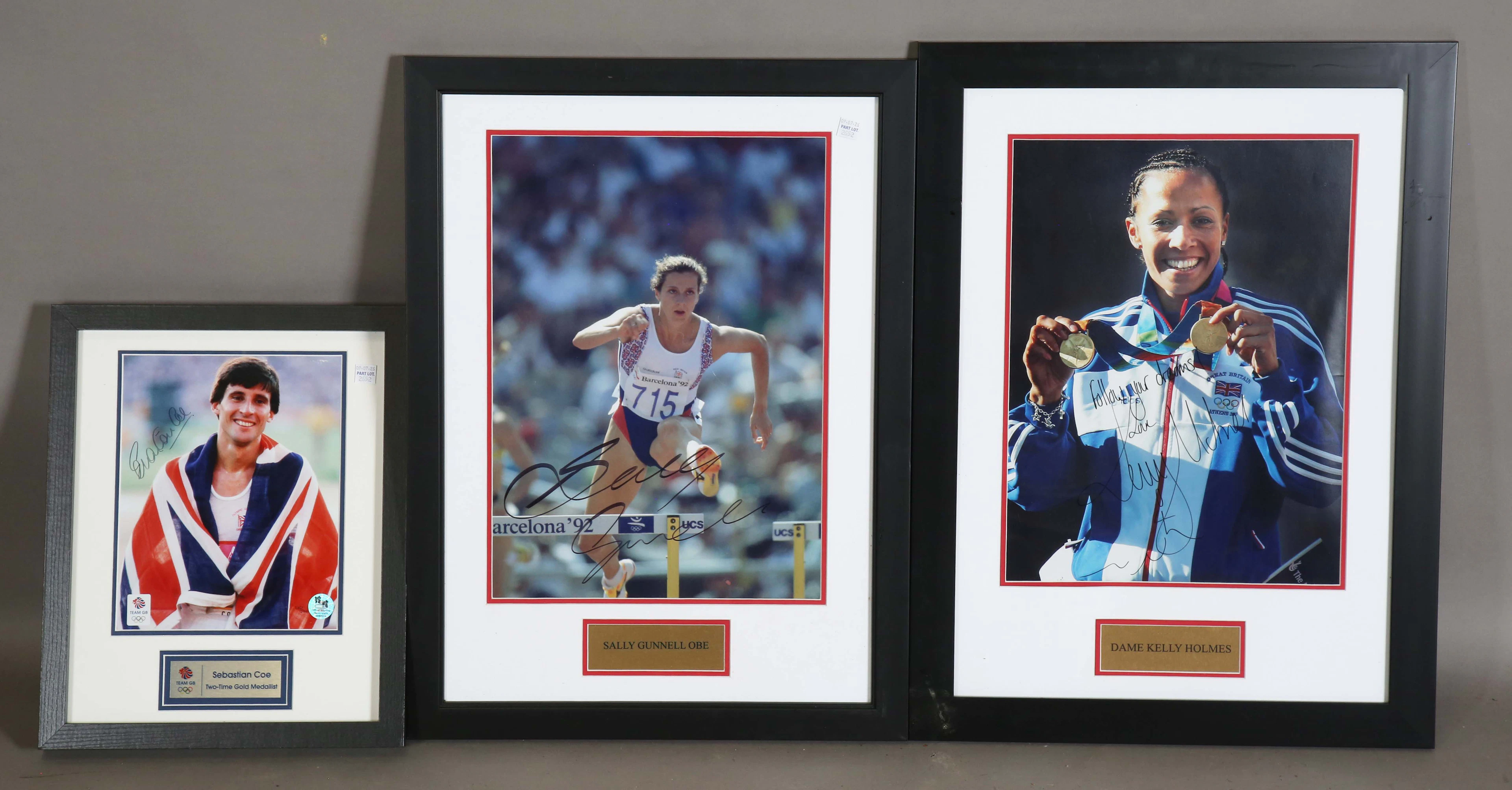 A group of three signed colour printed photographs of Olympic runners