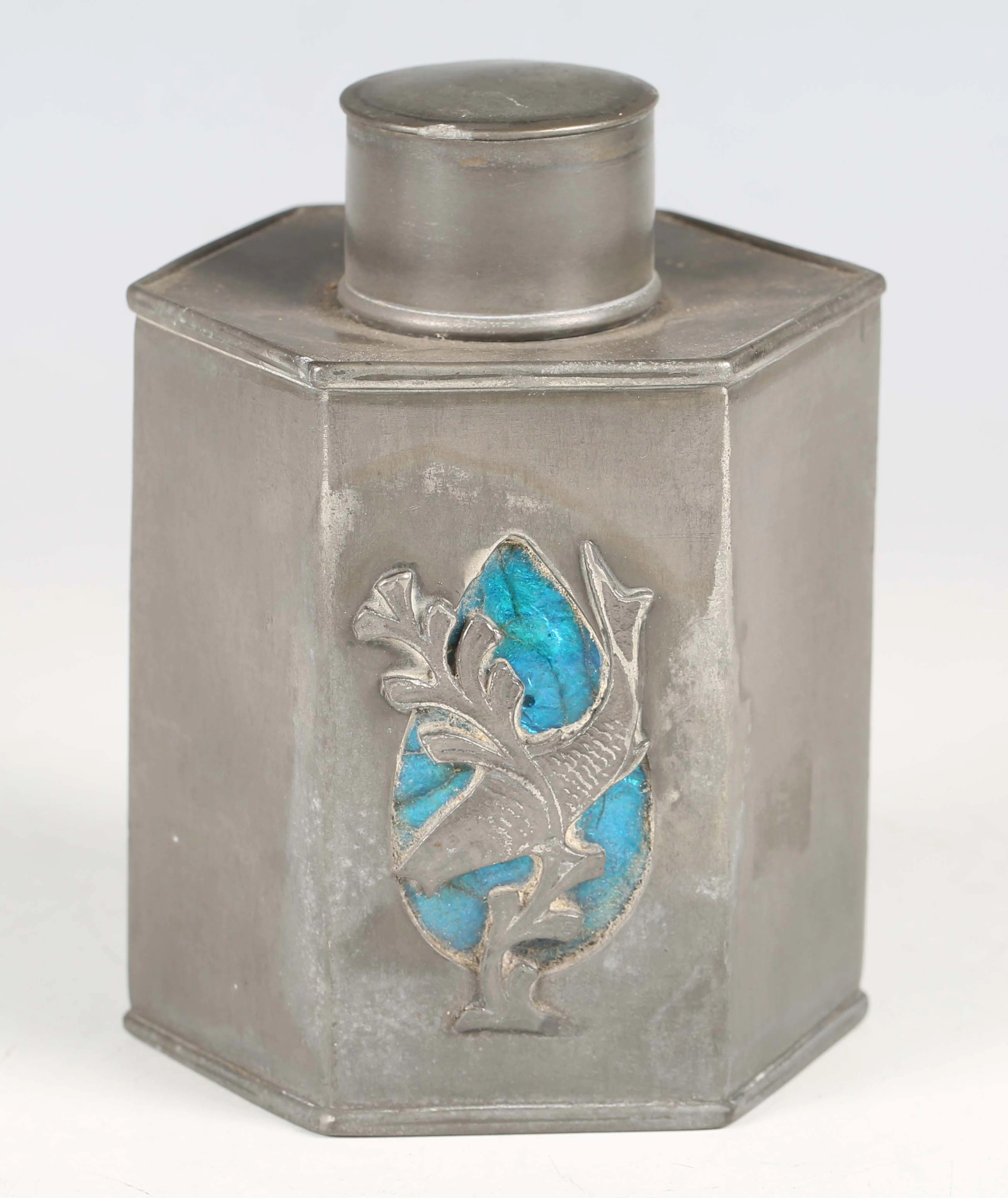 An Art Nouveau Osiris pewter tea caddy, the hexagonal body with an