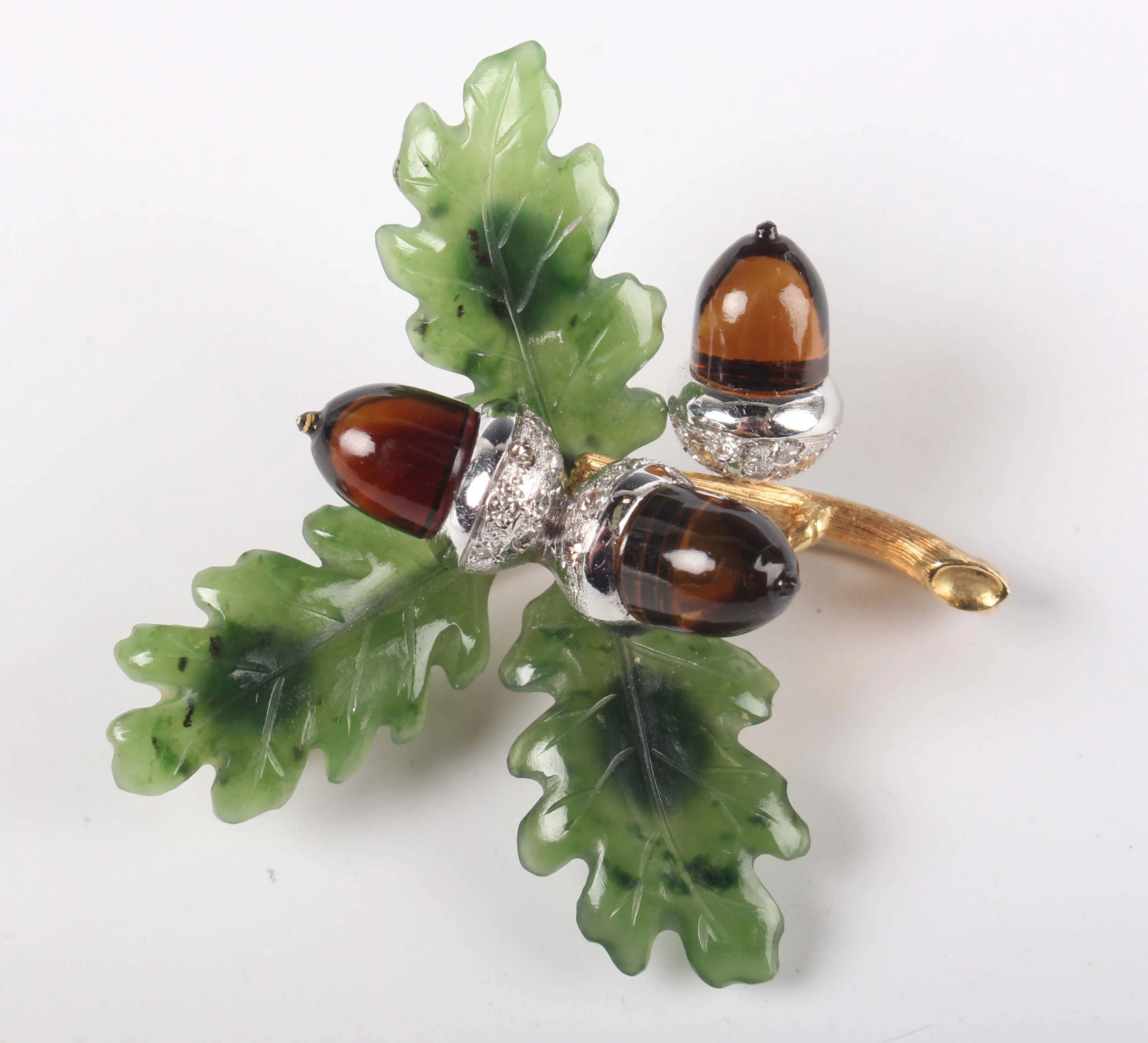 A Carrington gold and platinum, nephrite, citrine and diamond brooch