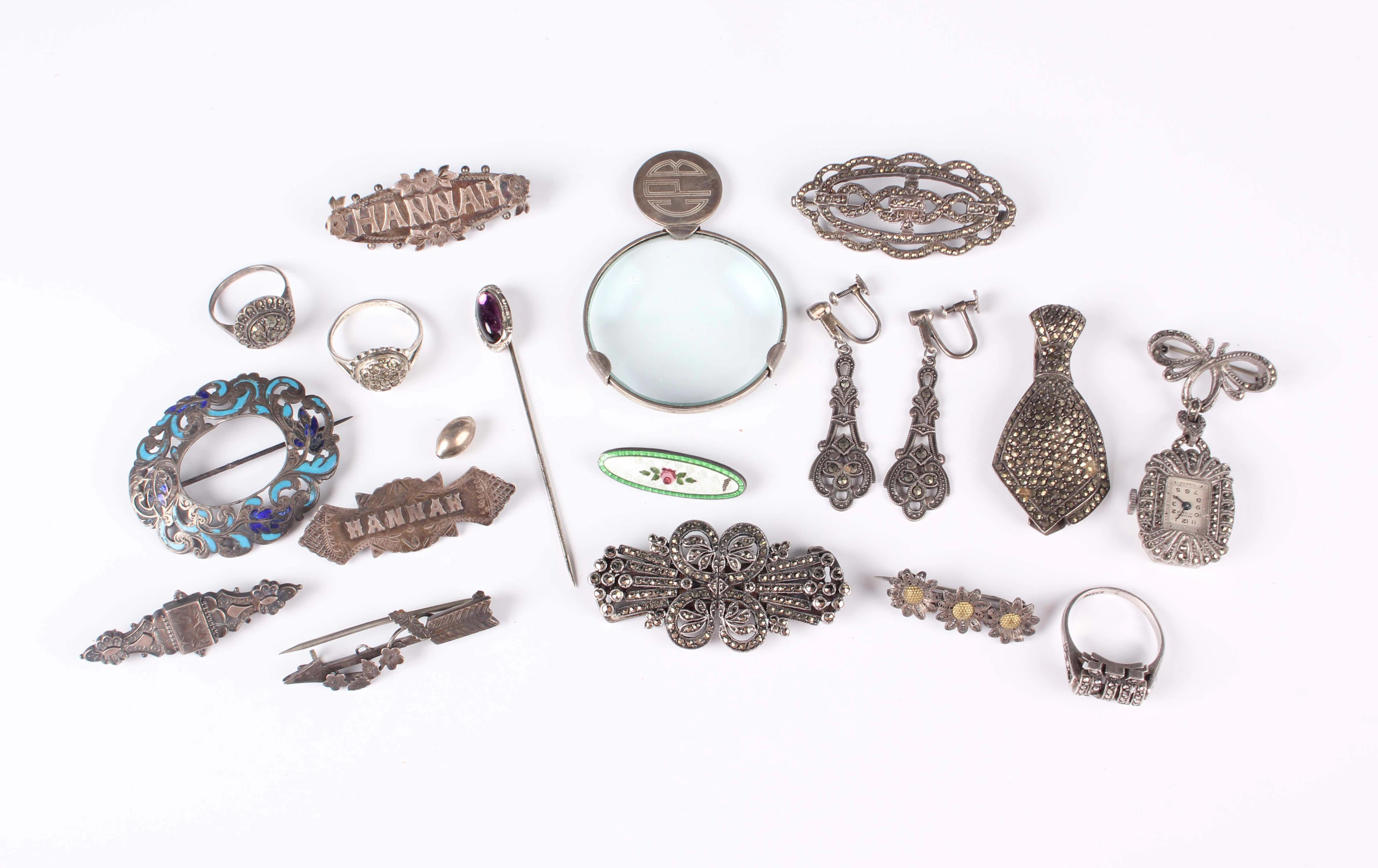 A group of mostly silver jewellery, including three marcasite rings