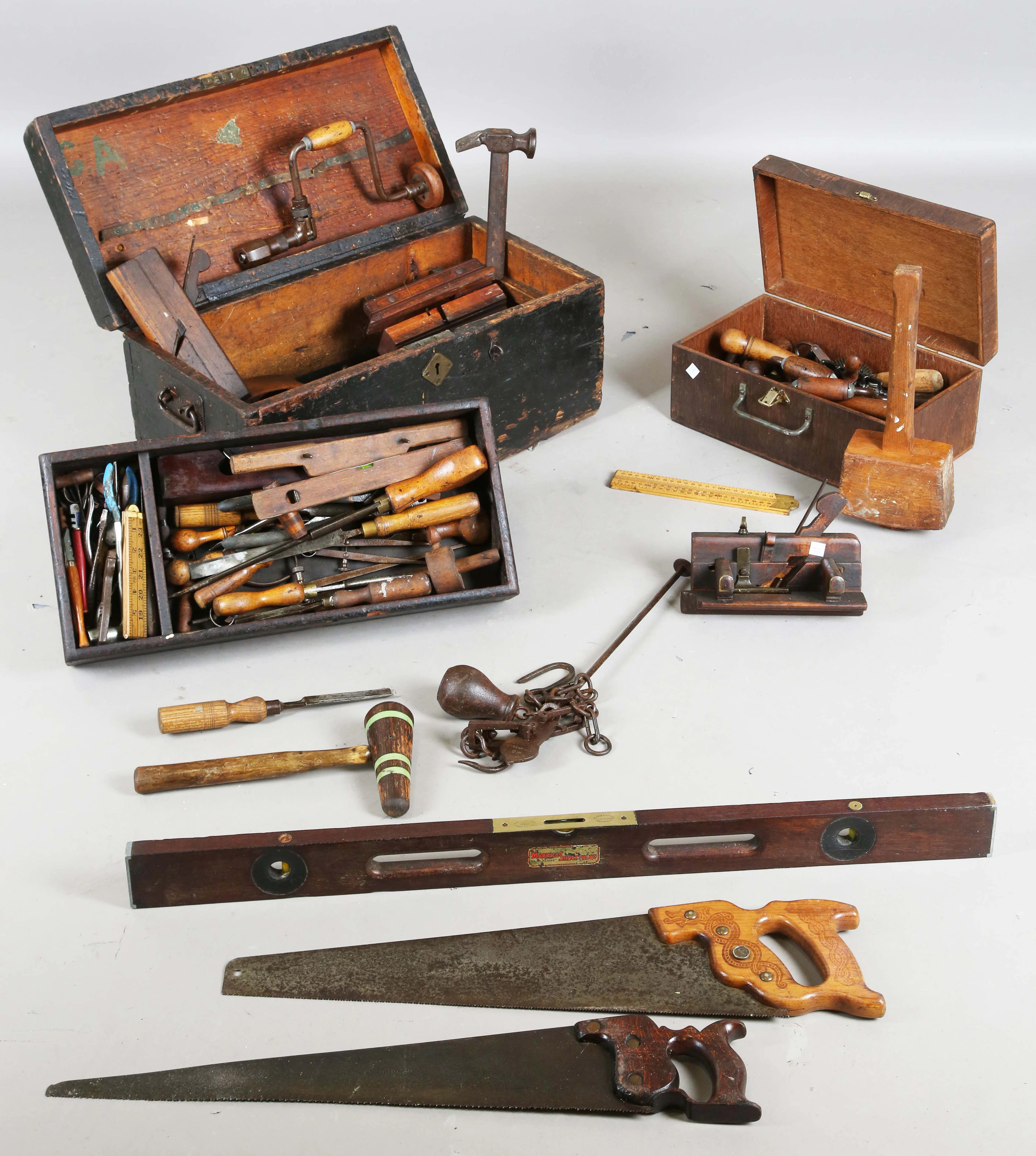 A collection of early/mid-20th century woodworking tools, including
