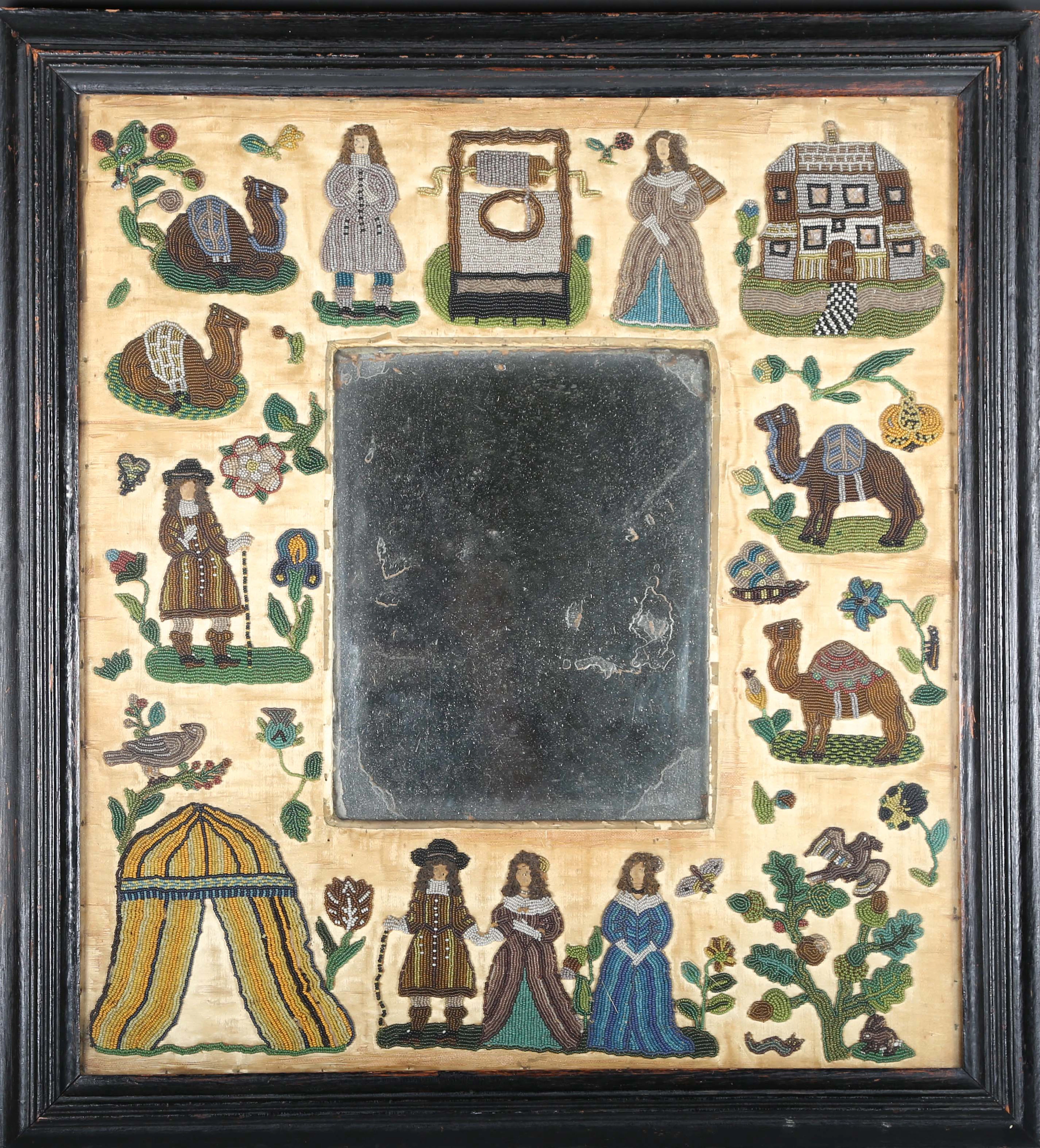 A rare Charles II beadwork framed rectangular wall mirror, the small