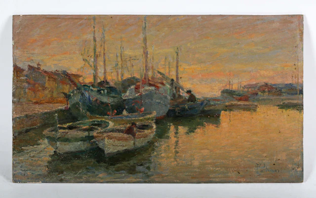 Oreste Paltrinieri (Italian 1873-1966) - Boats in a harbour, oil on