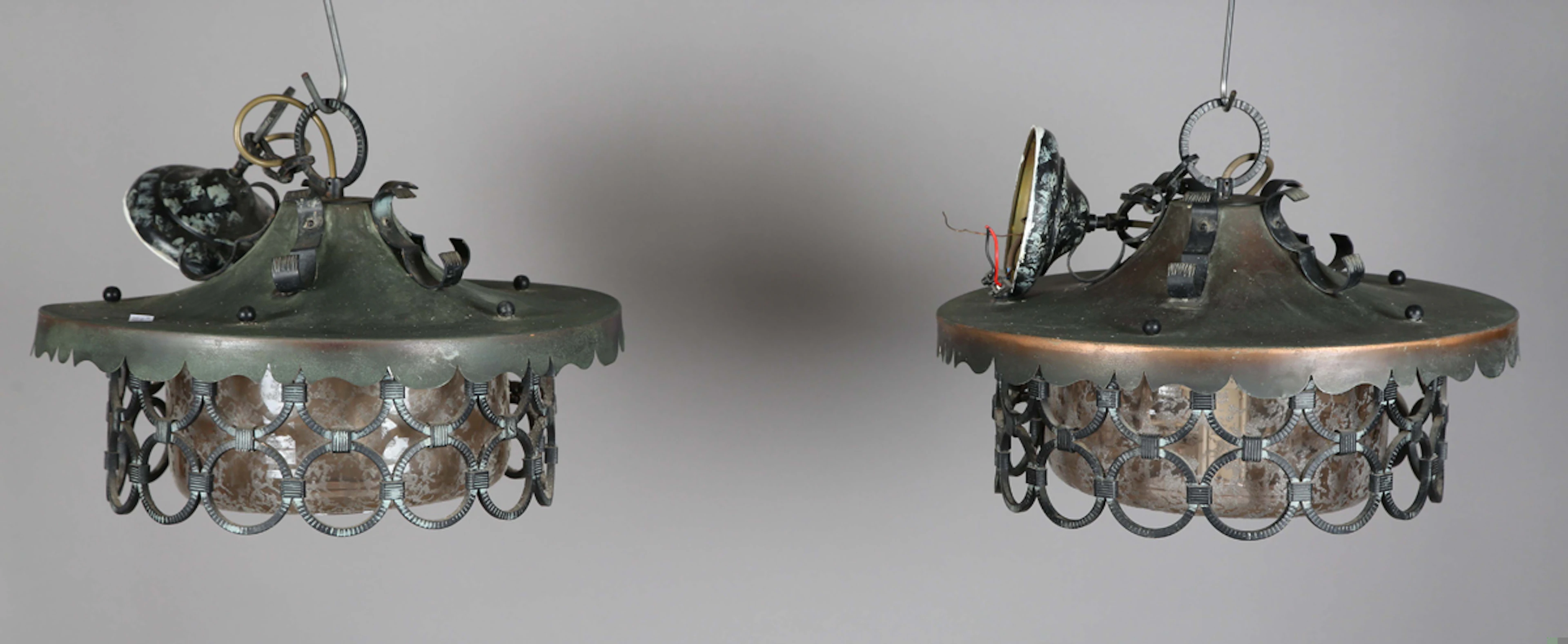 A pair of mid-20th century anodized copper circular ceiling lights