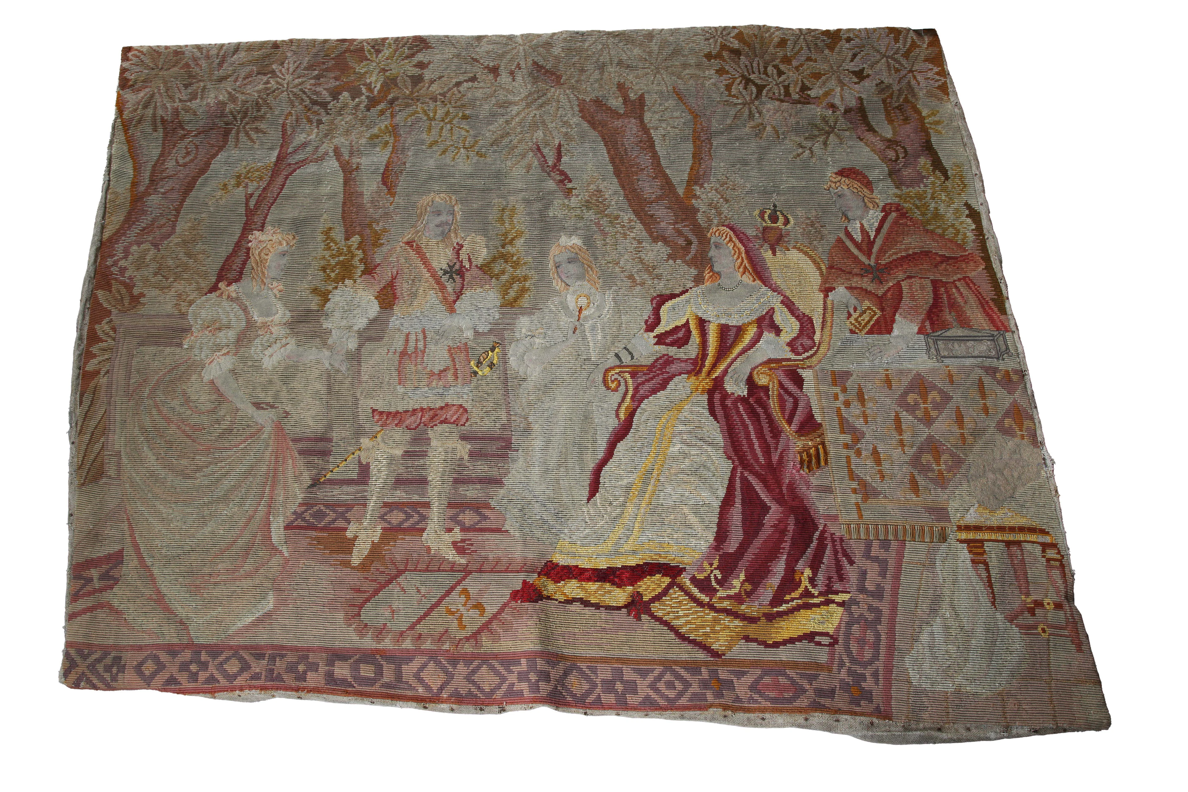 A 19th century French tapestry wall hanging, worked with an exterior