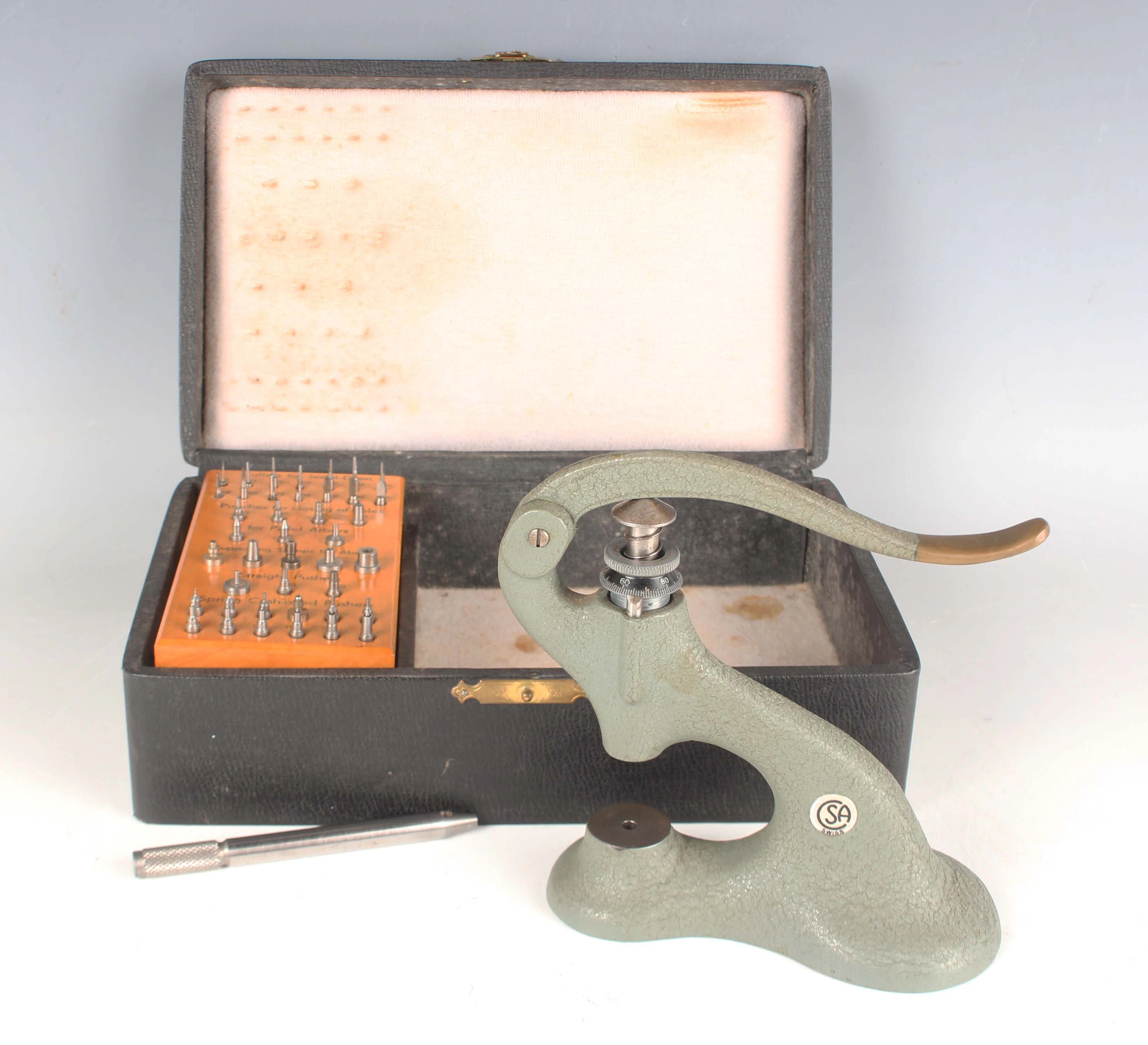 A Swiss Chatons S.A. watchmaker's jewelling tool set, boxed.
