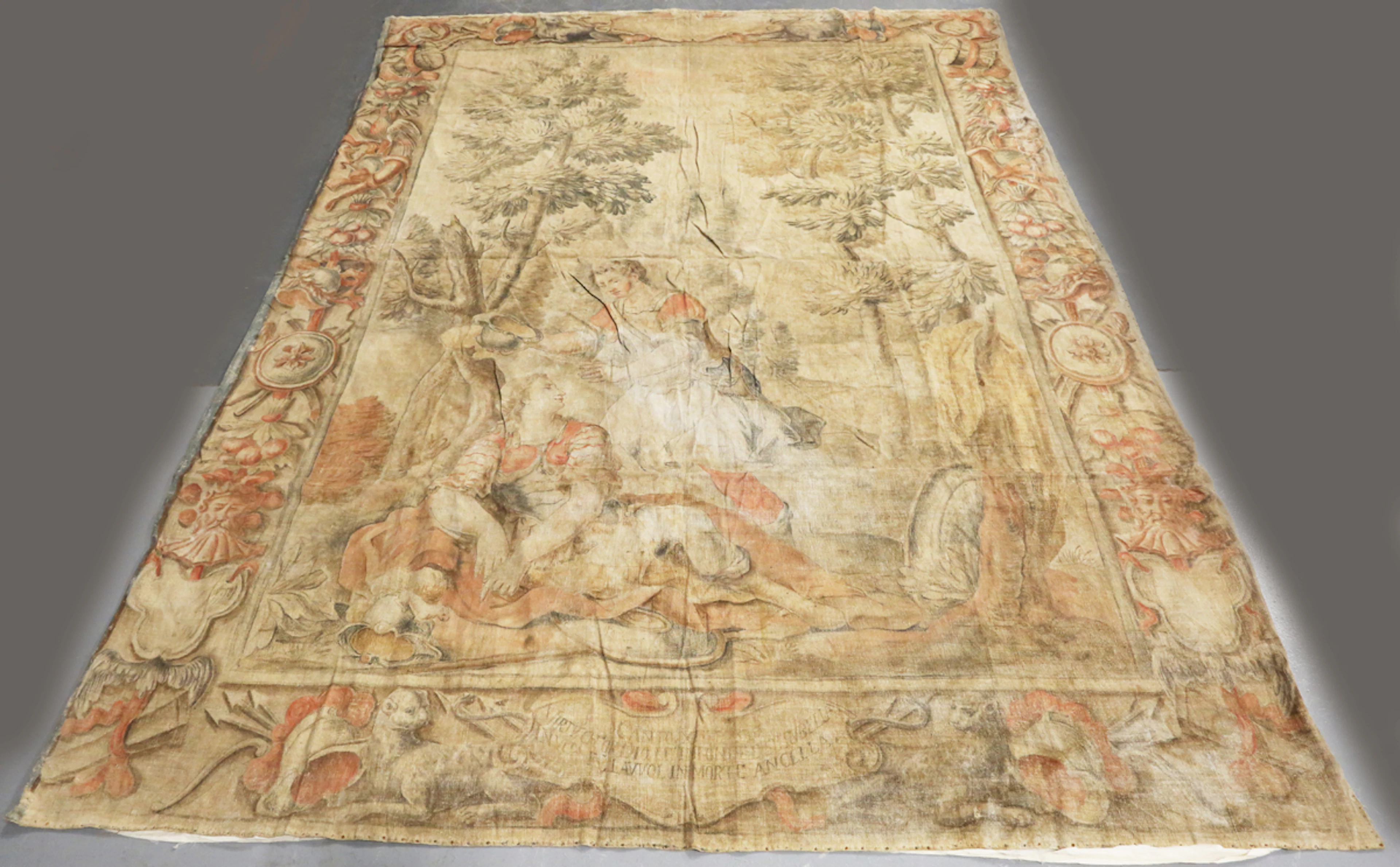 A 19th century Italian painted canvas wall hanging depicting a fallen