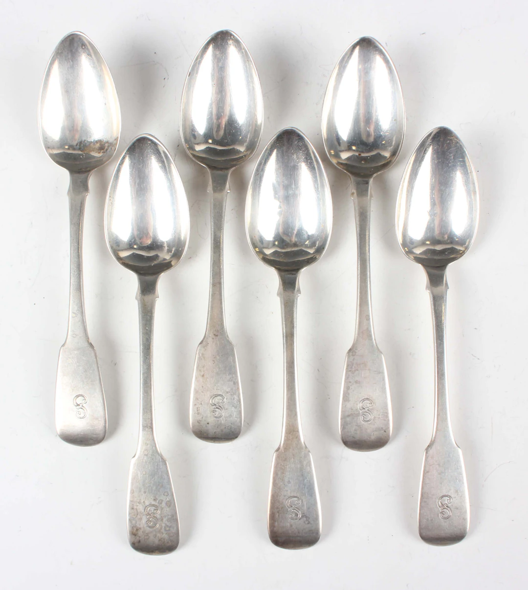 A set of six George III Irish silver Fiddle pattern teaspoons, Dublin