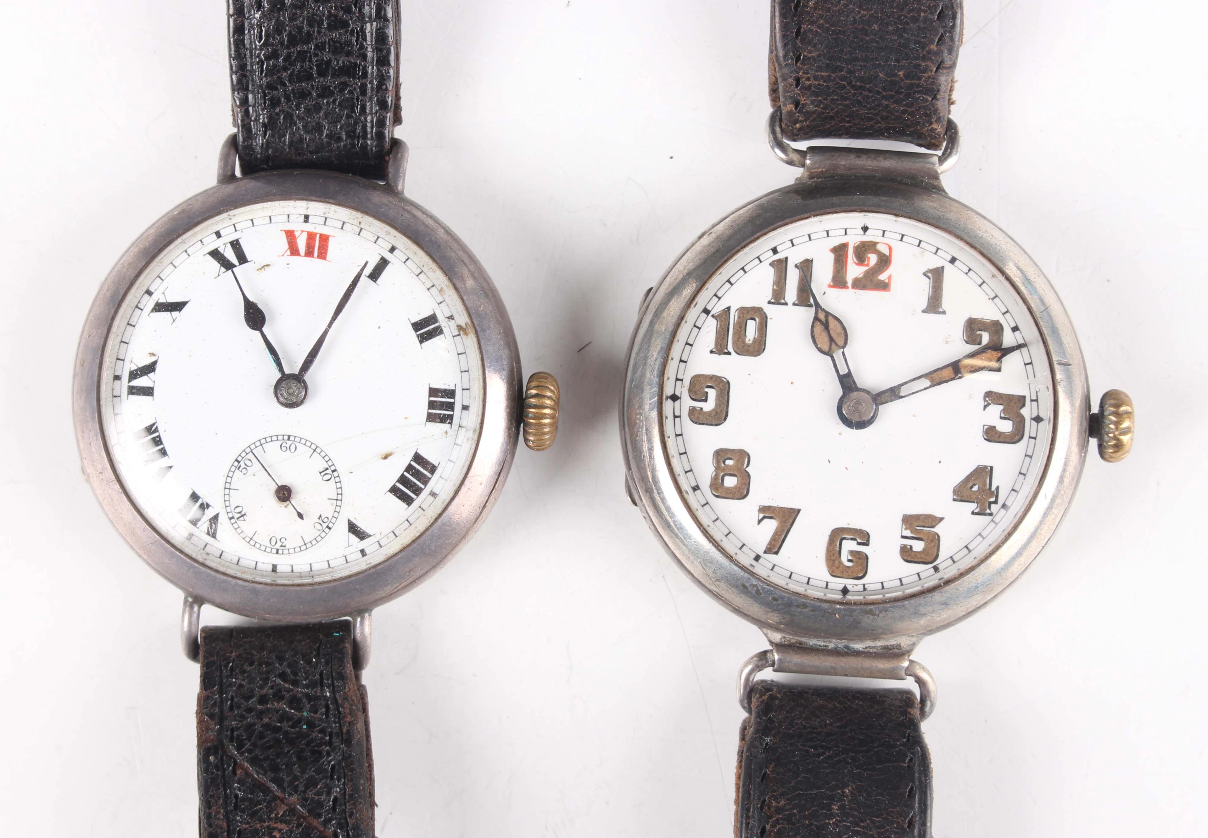 A First World War period silver circular cased trench style wristwatch