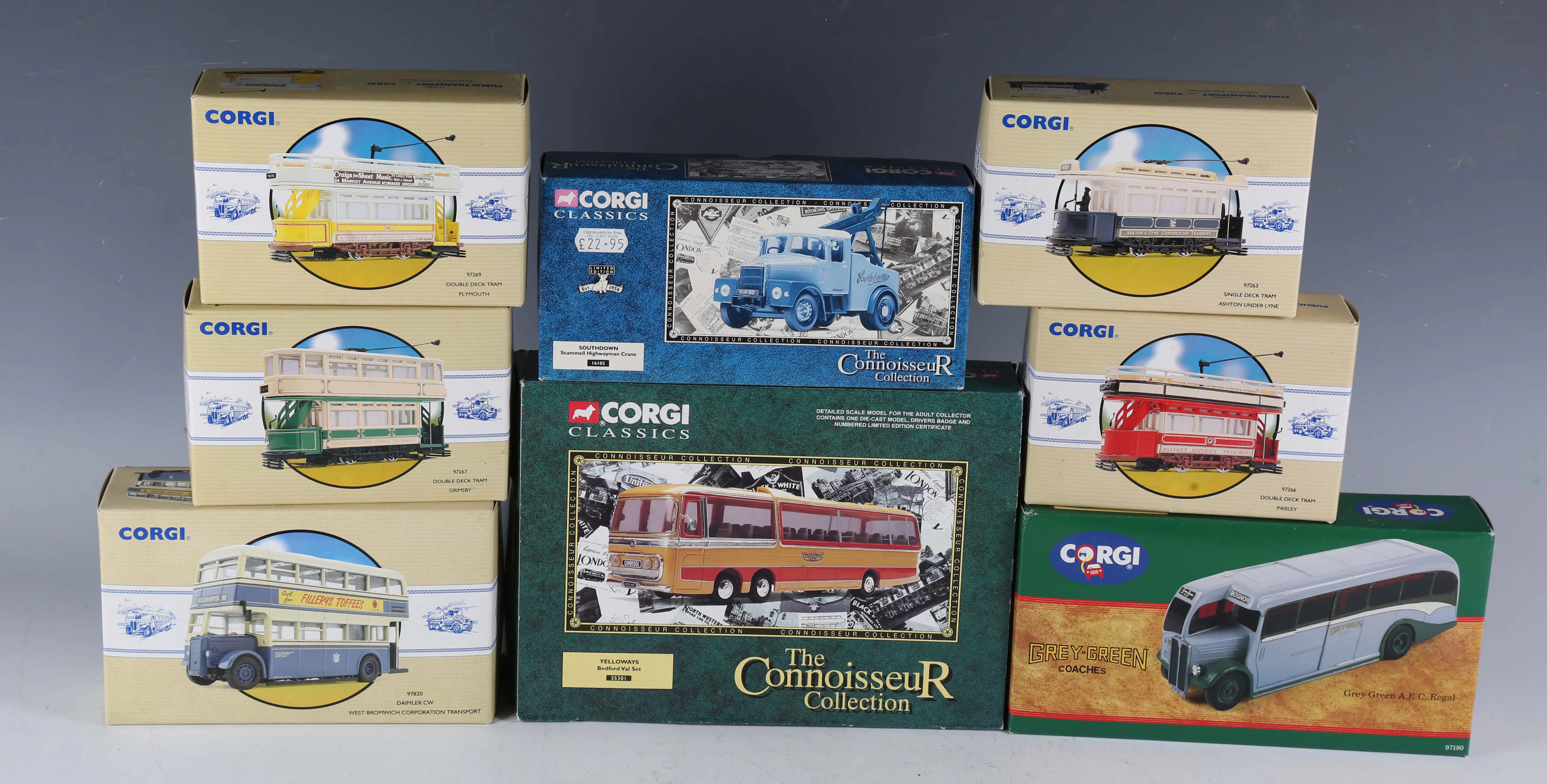 A collection of Corgi Classics buses, coaches and trams, including