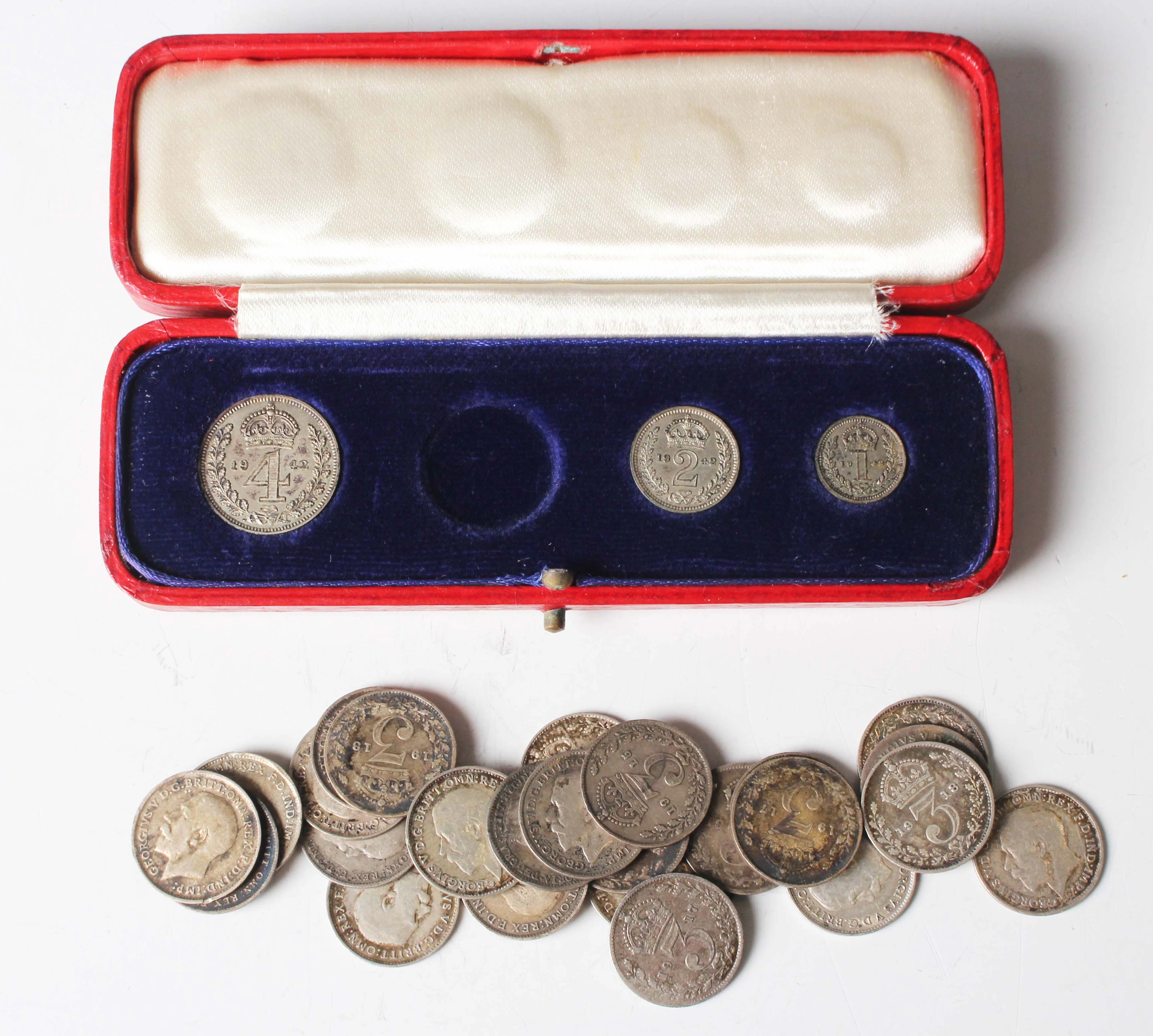 A George VI Maundy coin part-set 1942, comprising fourpence, twopence