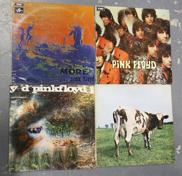 Four LP records by Pink Floyd, comprising a mono first pressing of