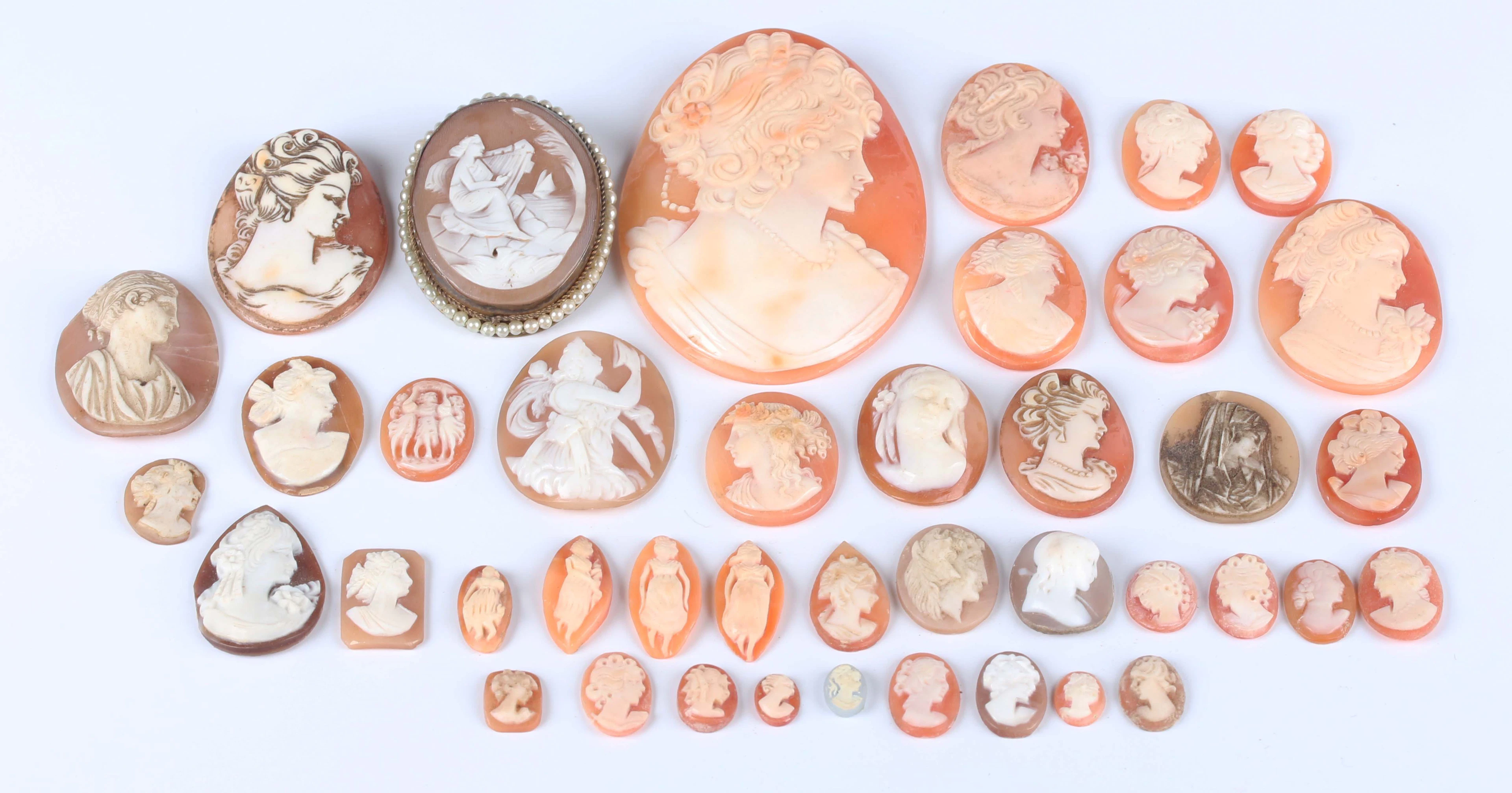 A gilt metal, imitation pearl and shell cameo brooch, carved as a