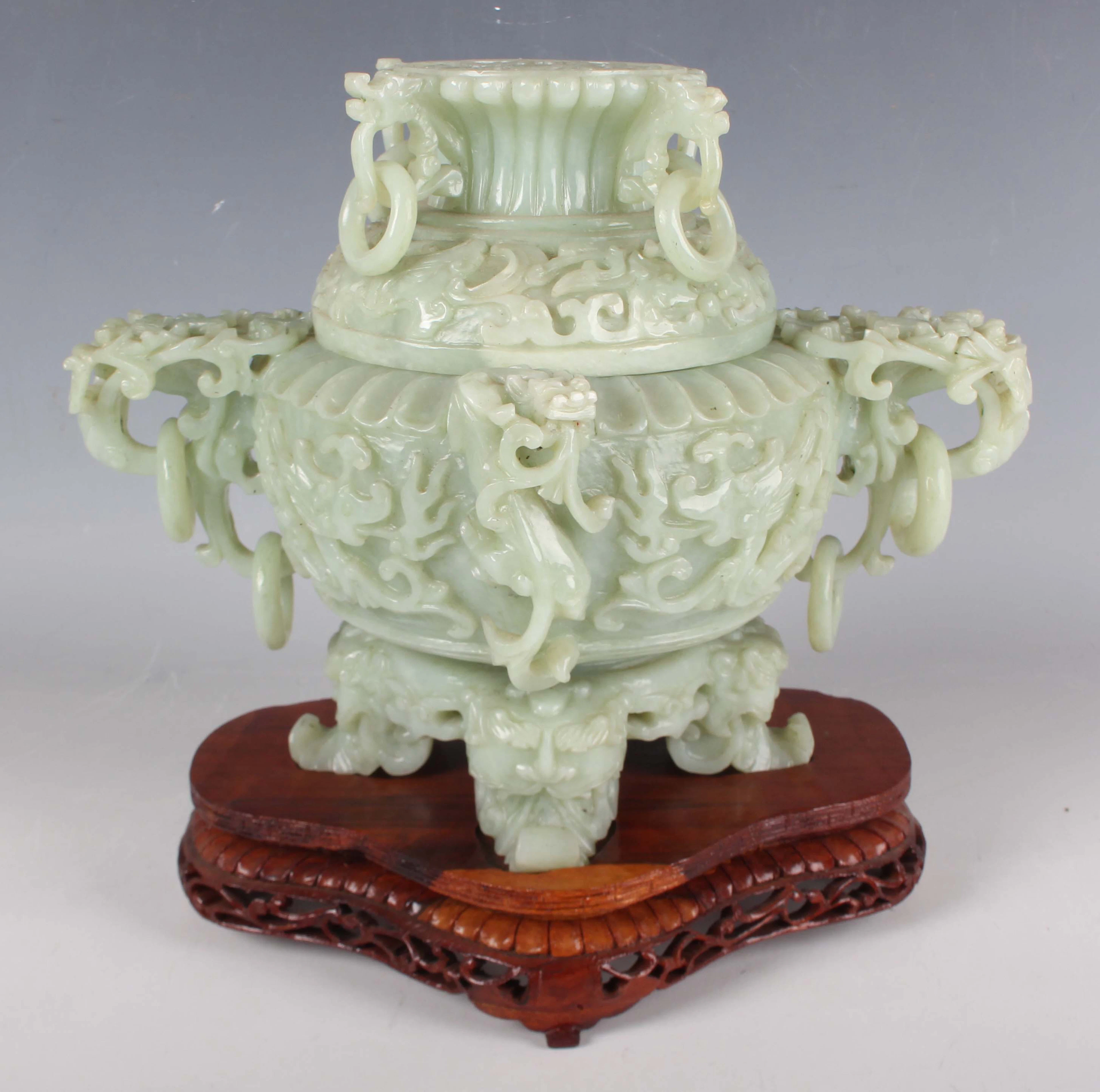 A Chinese archaistic celadon jade censer and cover, mid to late 20th