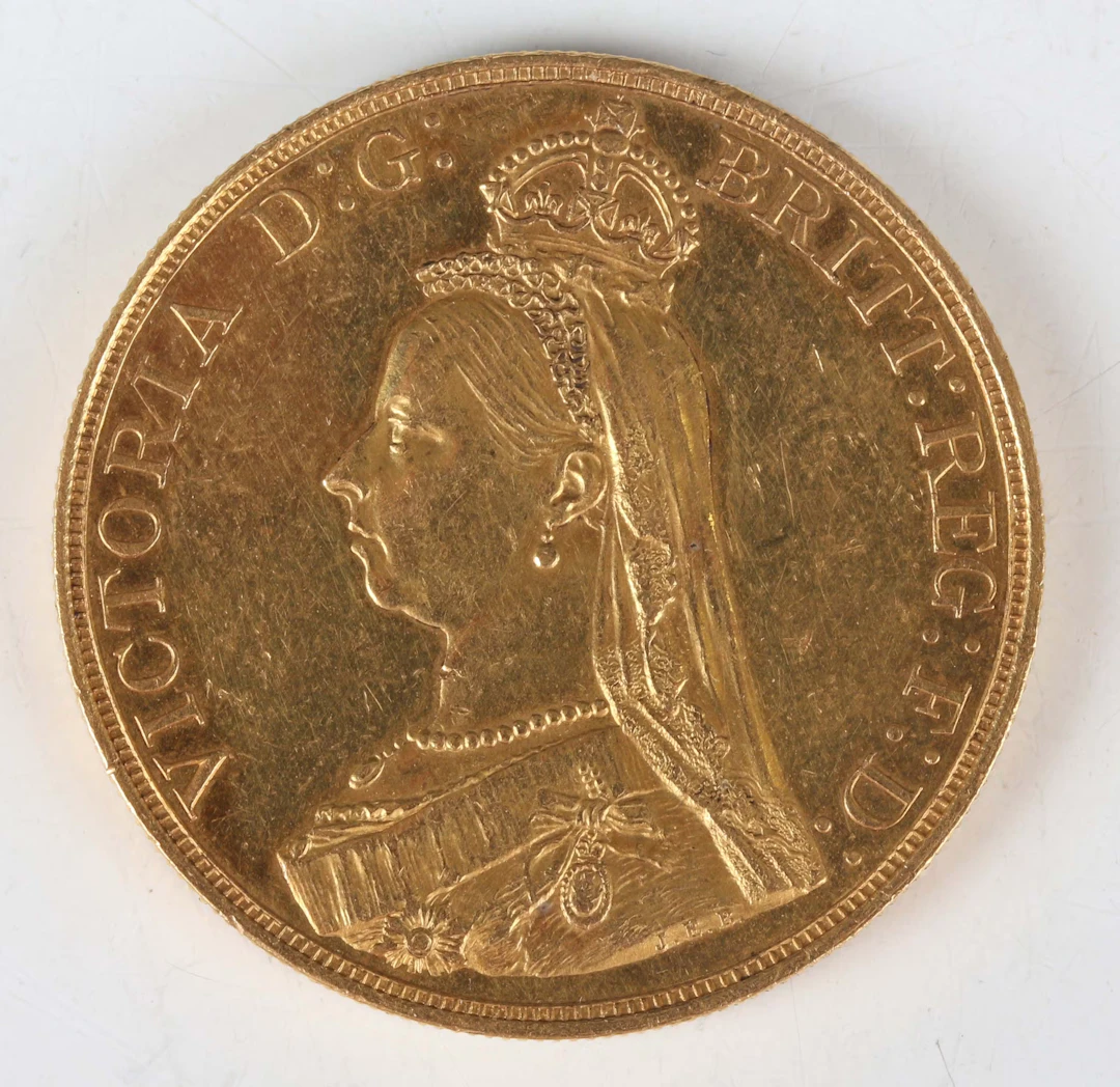 A Victoria Jubilee Head gold five pounds 1887 (good/very fine, some