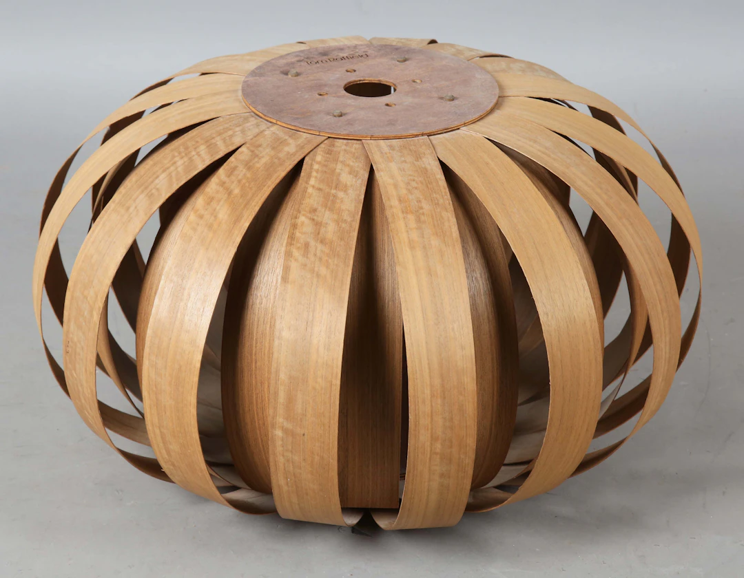 A Tom Raffield bentwood ceiling light shade of globular form, height