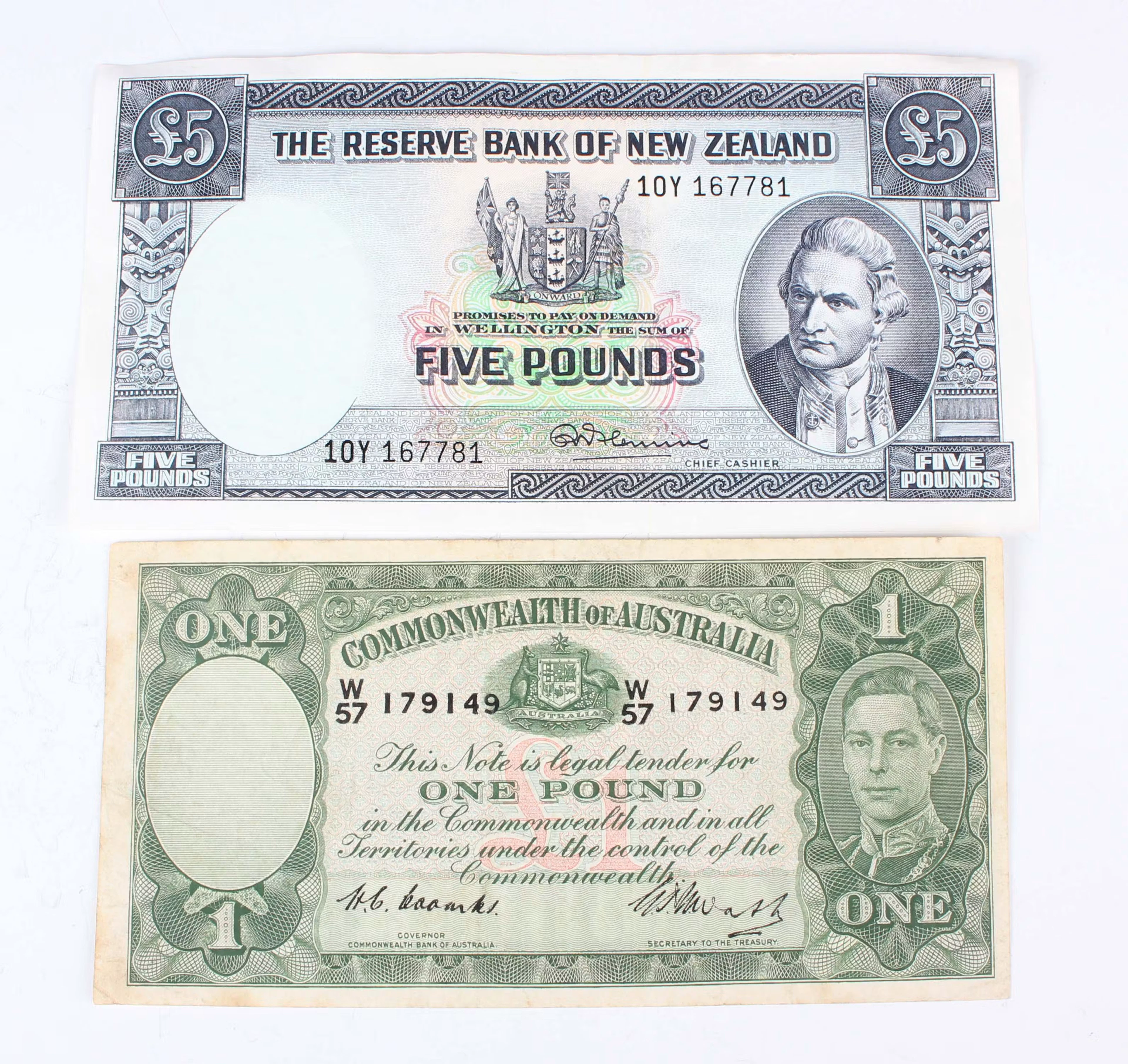 A small collection of Australian and New Zealand banknotes, including