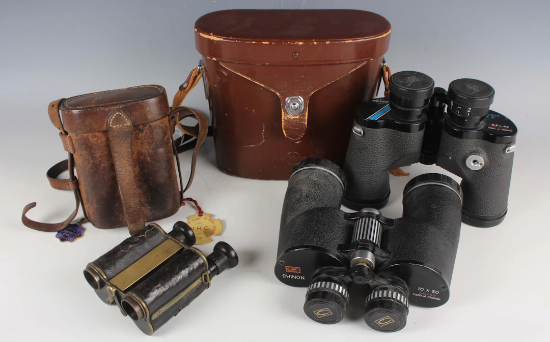 A pair of Ross London patent leather mounted brass x10 binoculars