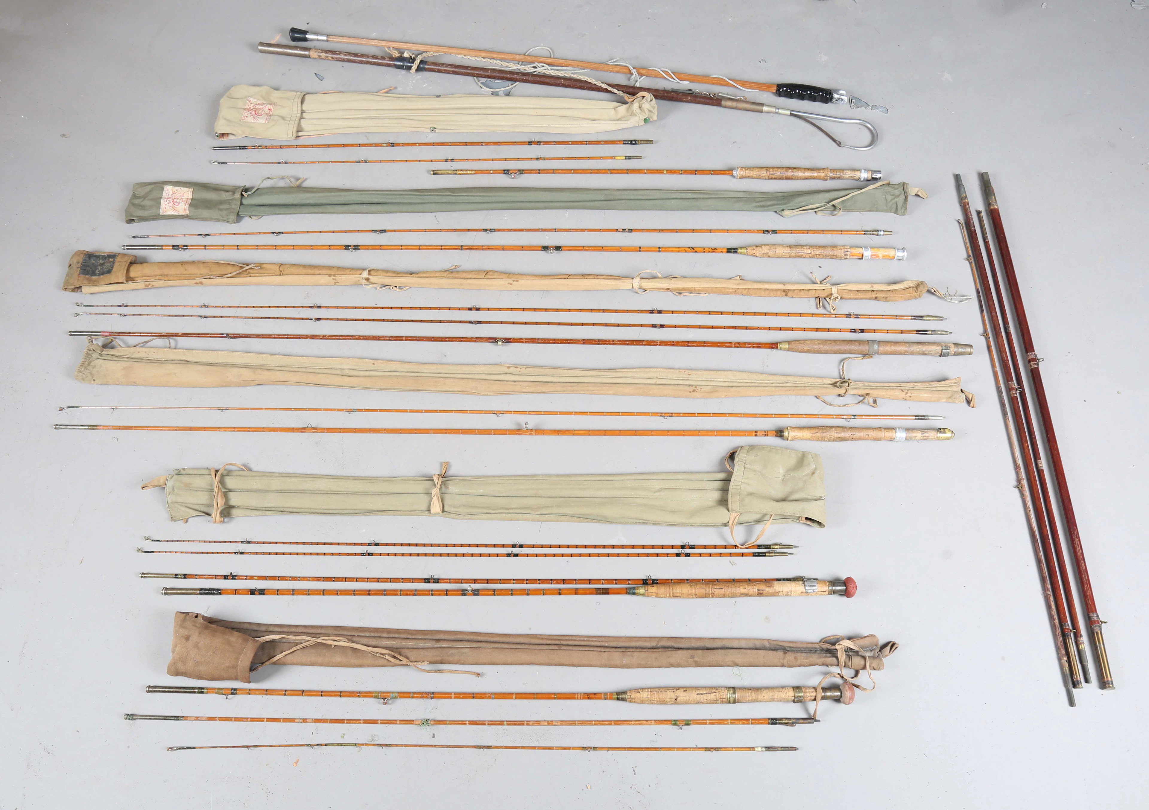 A group of split cane fishing rods, including a Hardy Viscount Fly