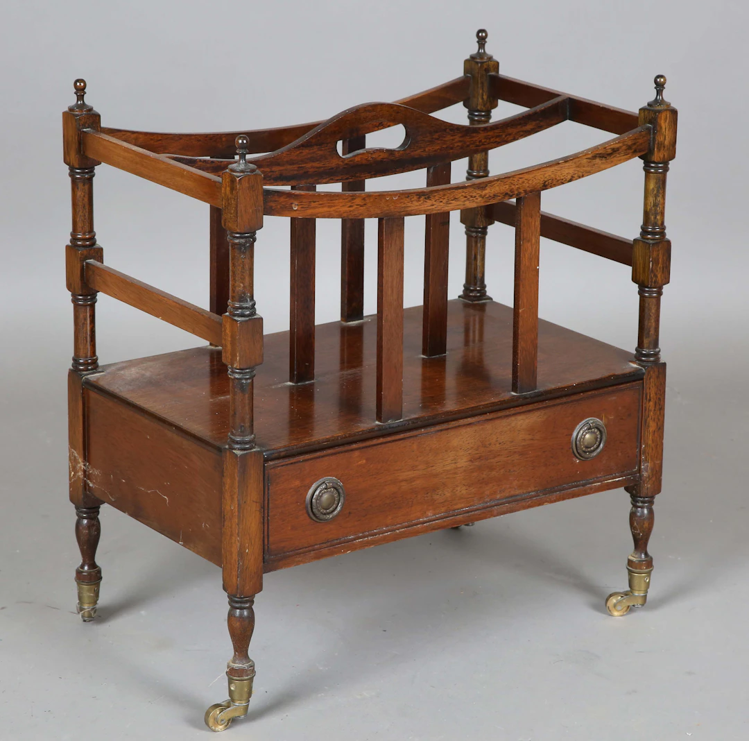 A late 20th century reproduction mahogany Canterbury, on gilt brass