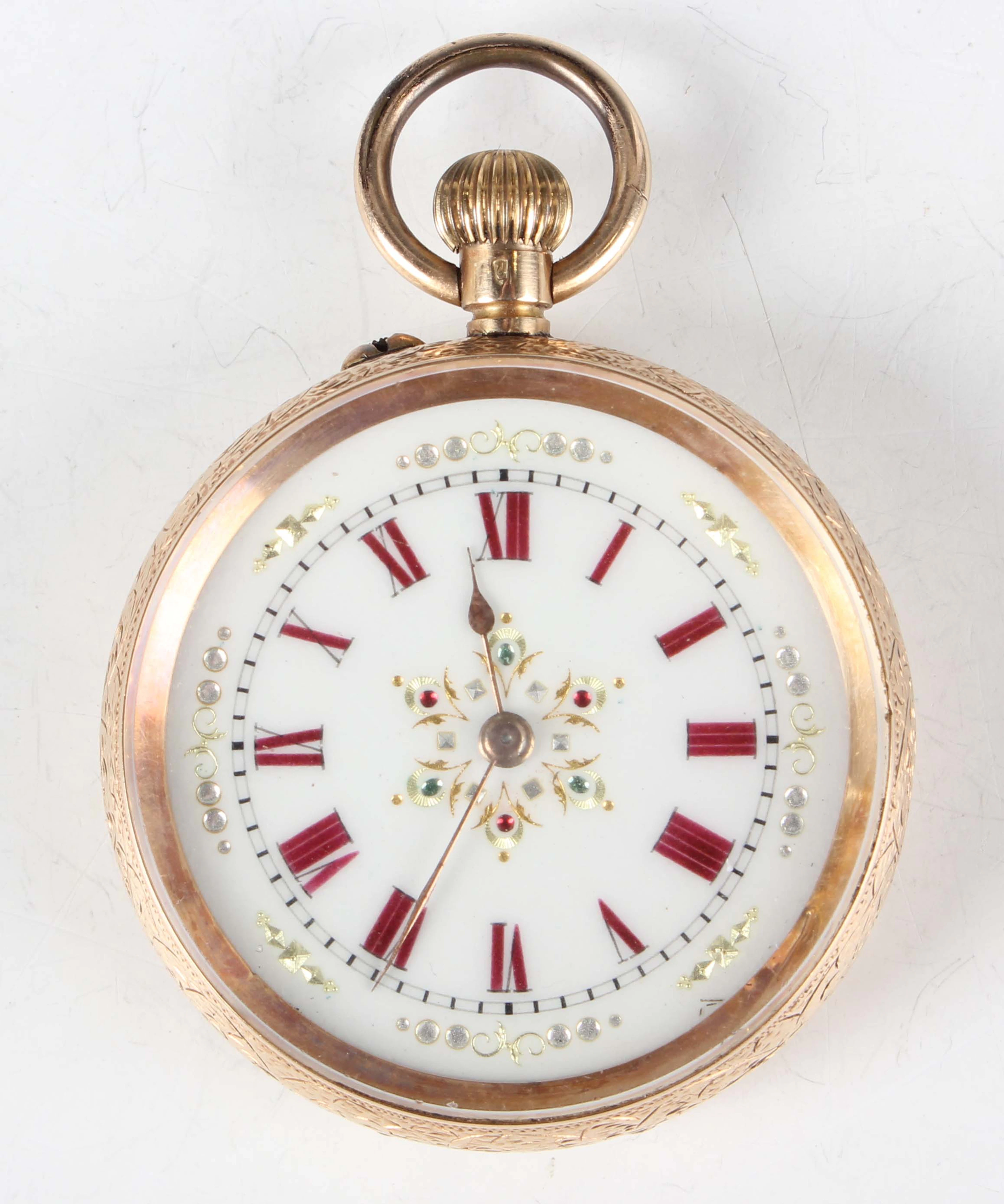 A 14K gold cased keyless wind open-faced fob watch with unsigned jewelled