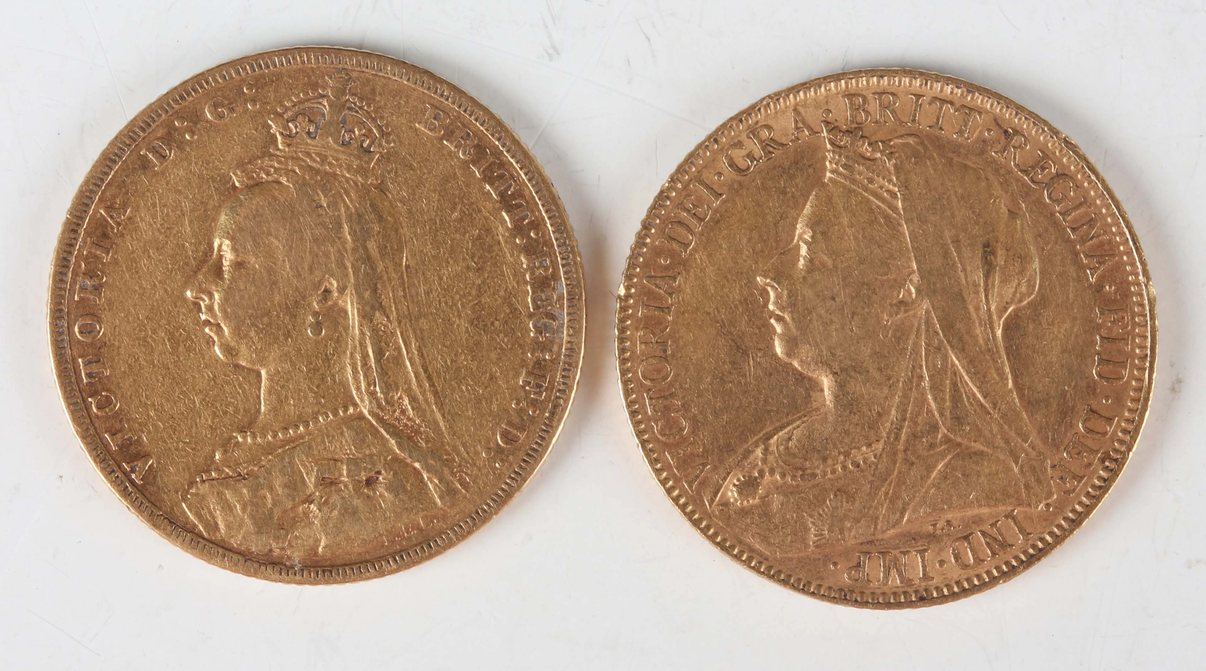 Two Victoria sovereigns, 1887 Melbourne Mint and 1898. Note: this