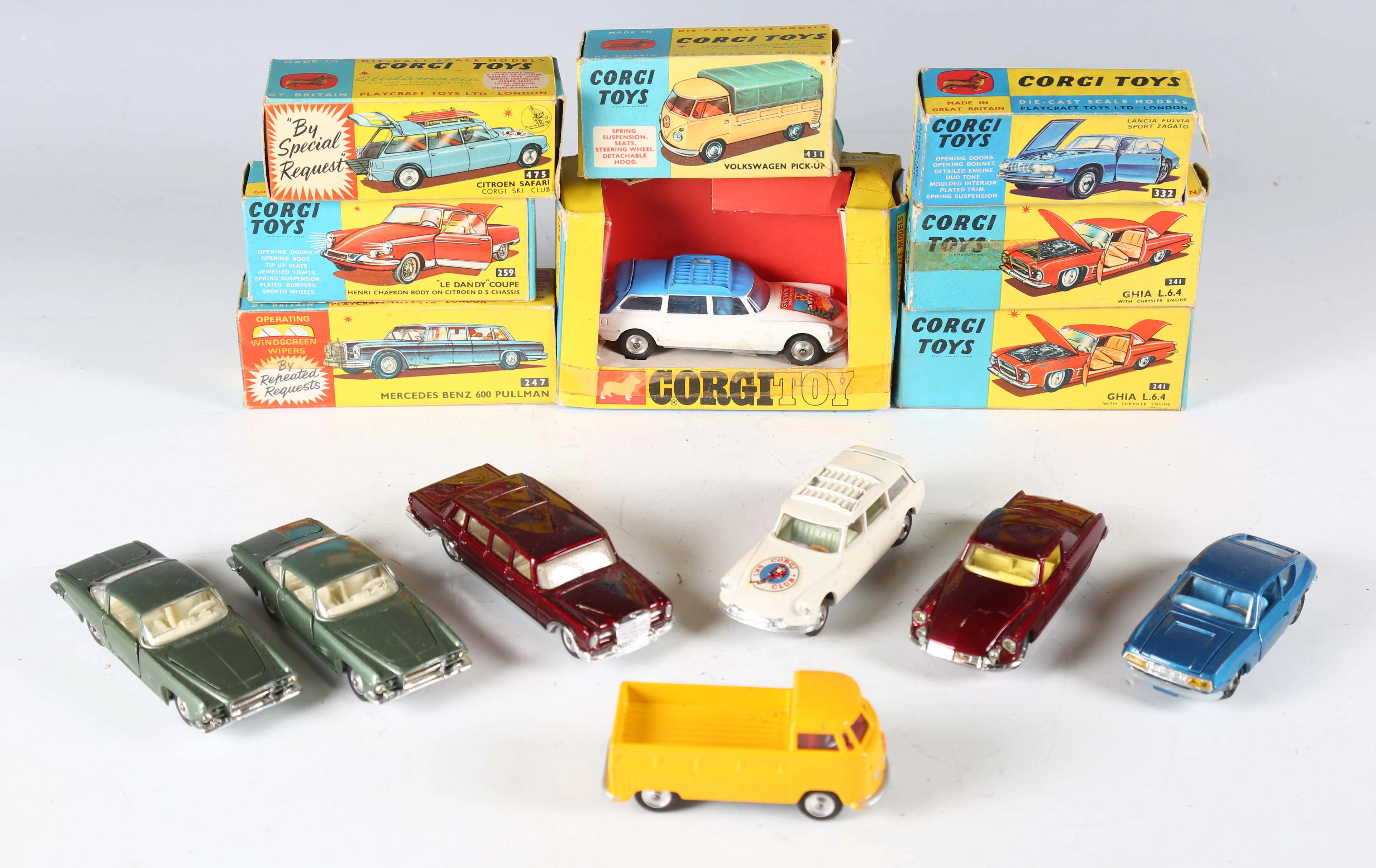 Eight Corgi Toys cars, comprising No. 259 'Le Dandy' Coupe, two No.