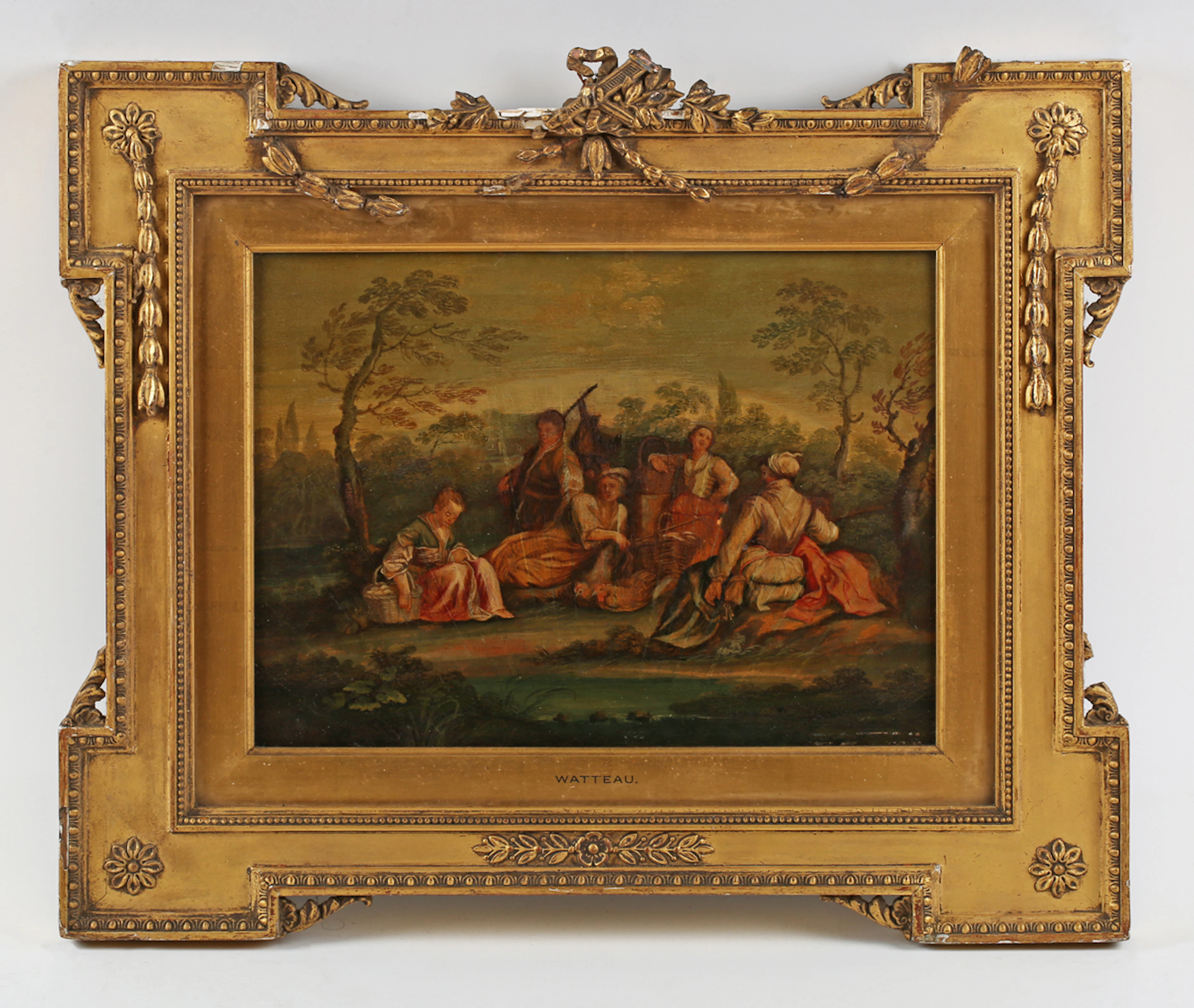 After Jean-Antoine Watteau - Figure group in a glade, oil on paper