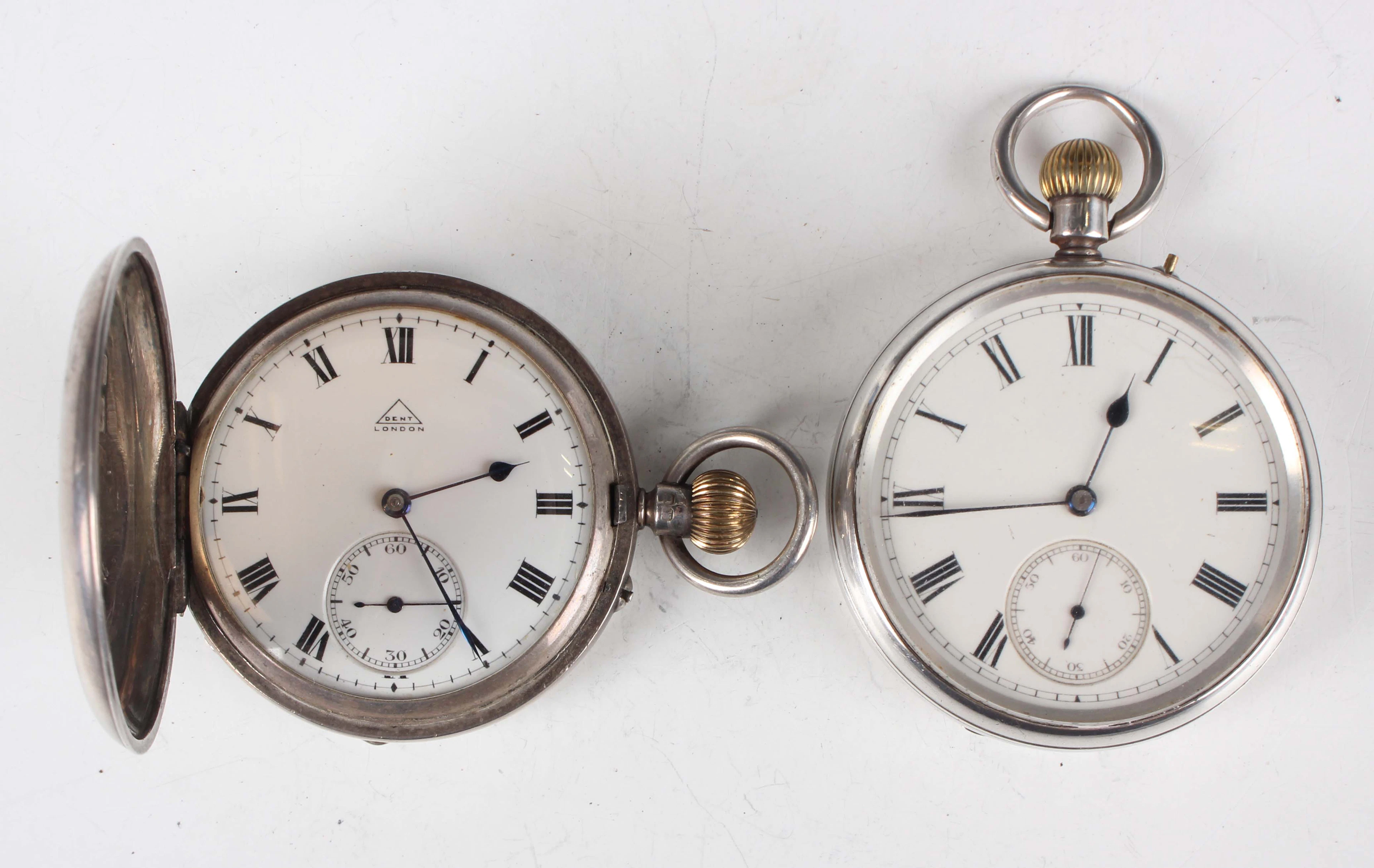 A Dent London silver hunting cased keyless wind gentleman's pocket