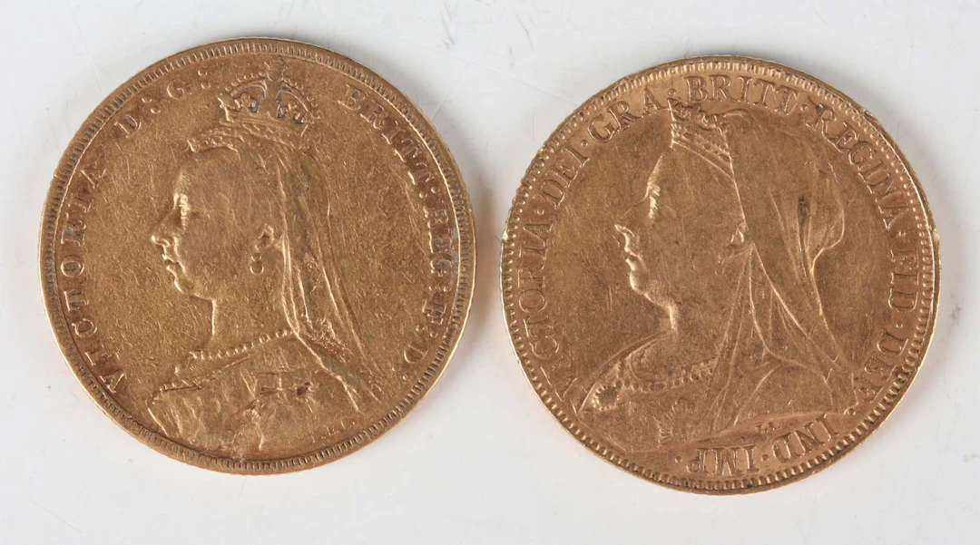 Two Victoria sovereigns, 1887 Melbourne Mint and 1898. Note: this