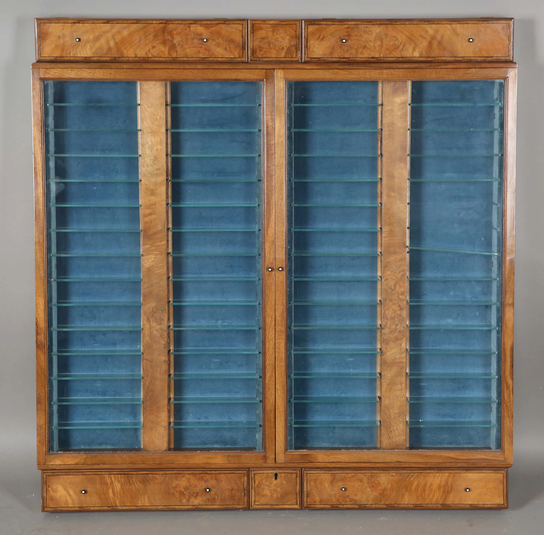 A late 20th century bespoke-made burr walnut hanging collector's display