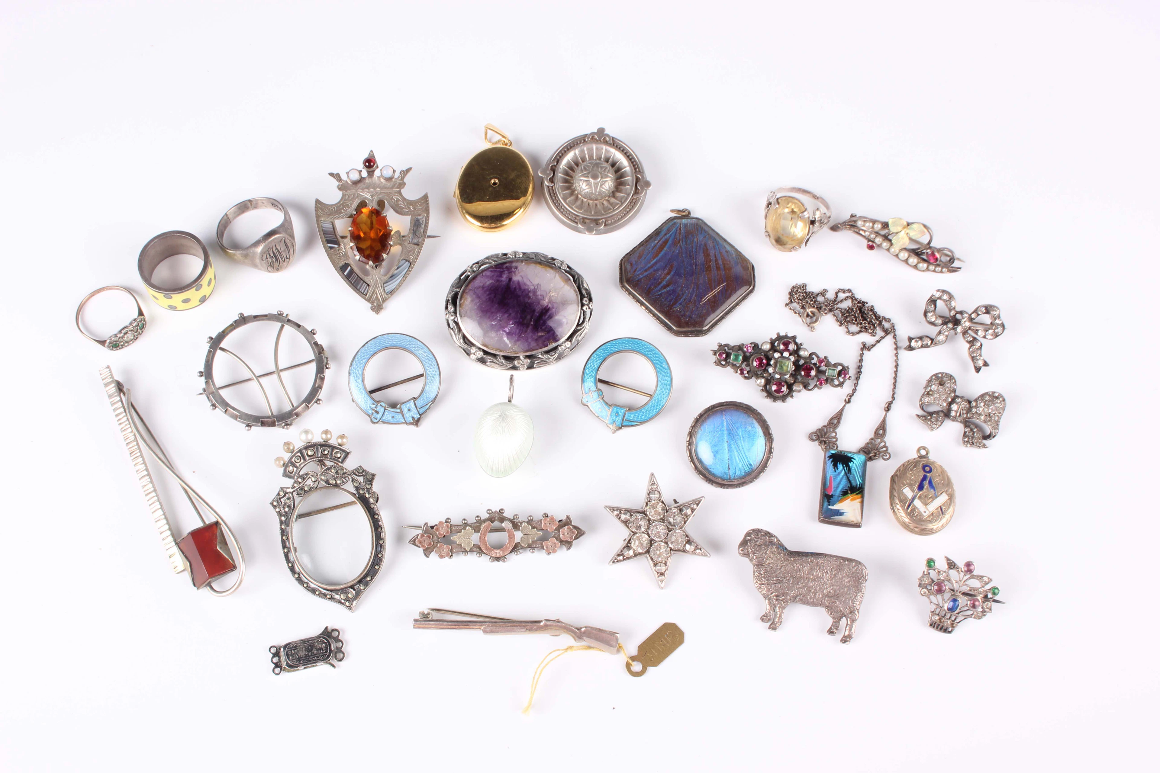 A collection of jewellery, including a silver and Blue John oval brooch
