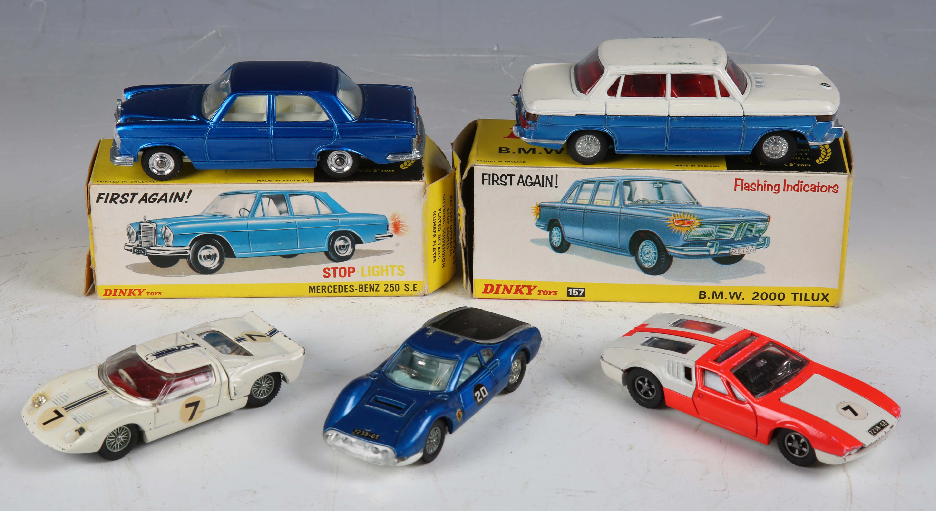 Five Dinky Toys cars, comprising No. 157 BMW 2000 Tilux, No. 160 Mercedes-Benz