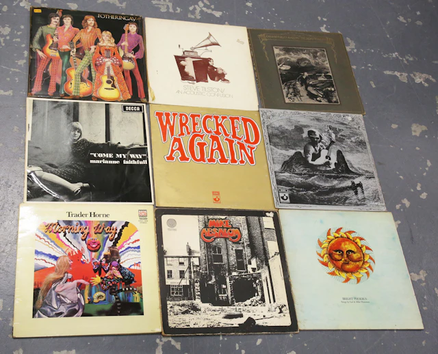A collection of approximately forty LP records, mainly folk related