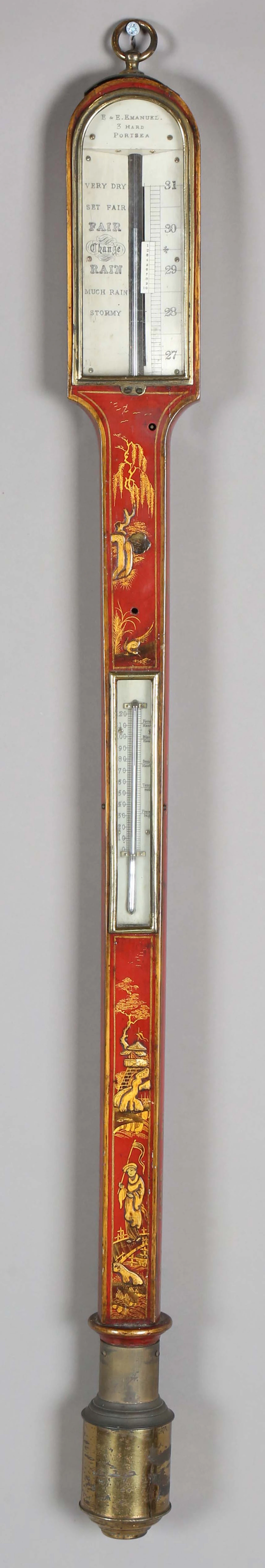 An early Victorian red chinoiserie cased stick barometer, the dial