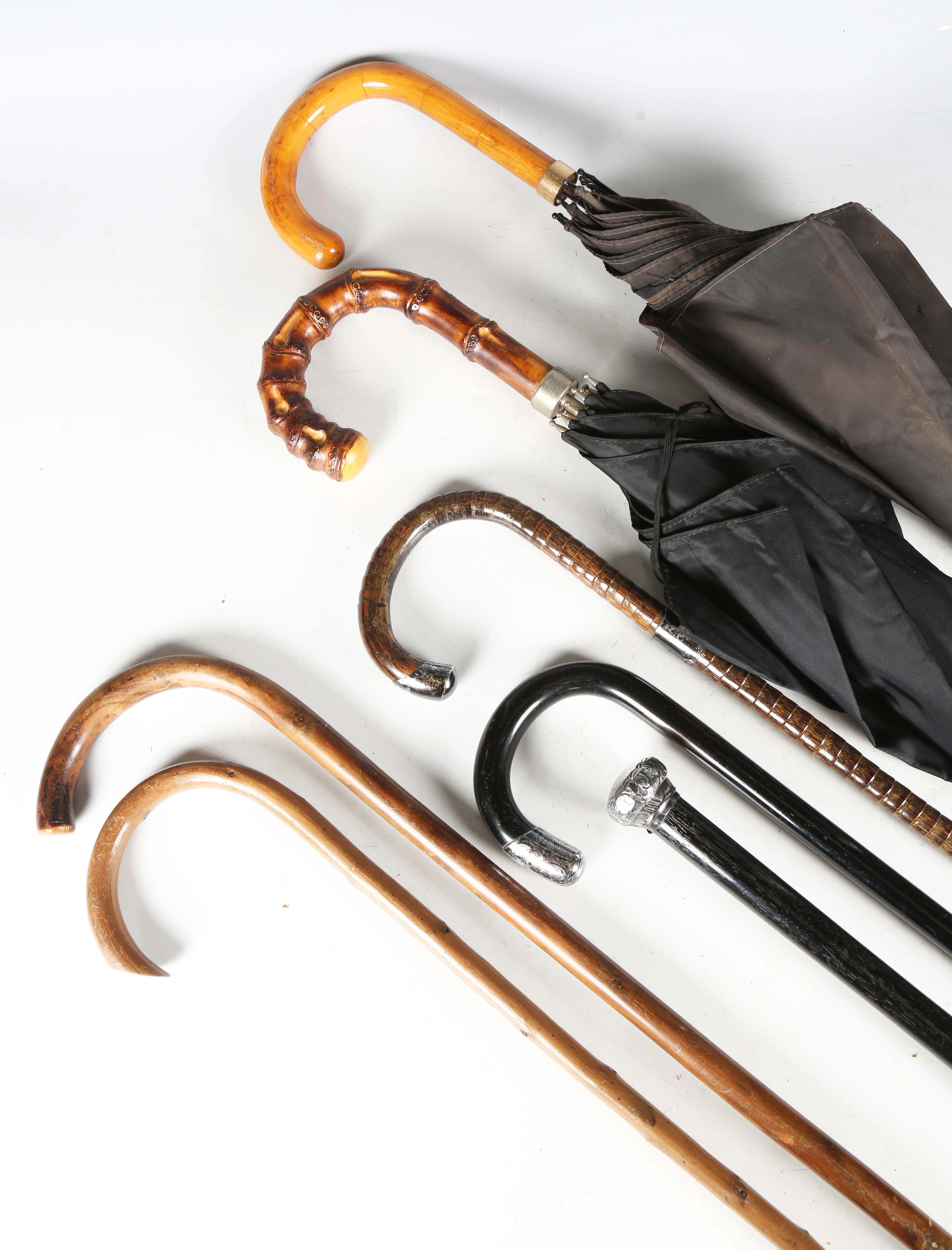 Three early 20th century silver mounted walking sticks, two other