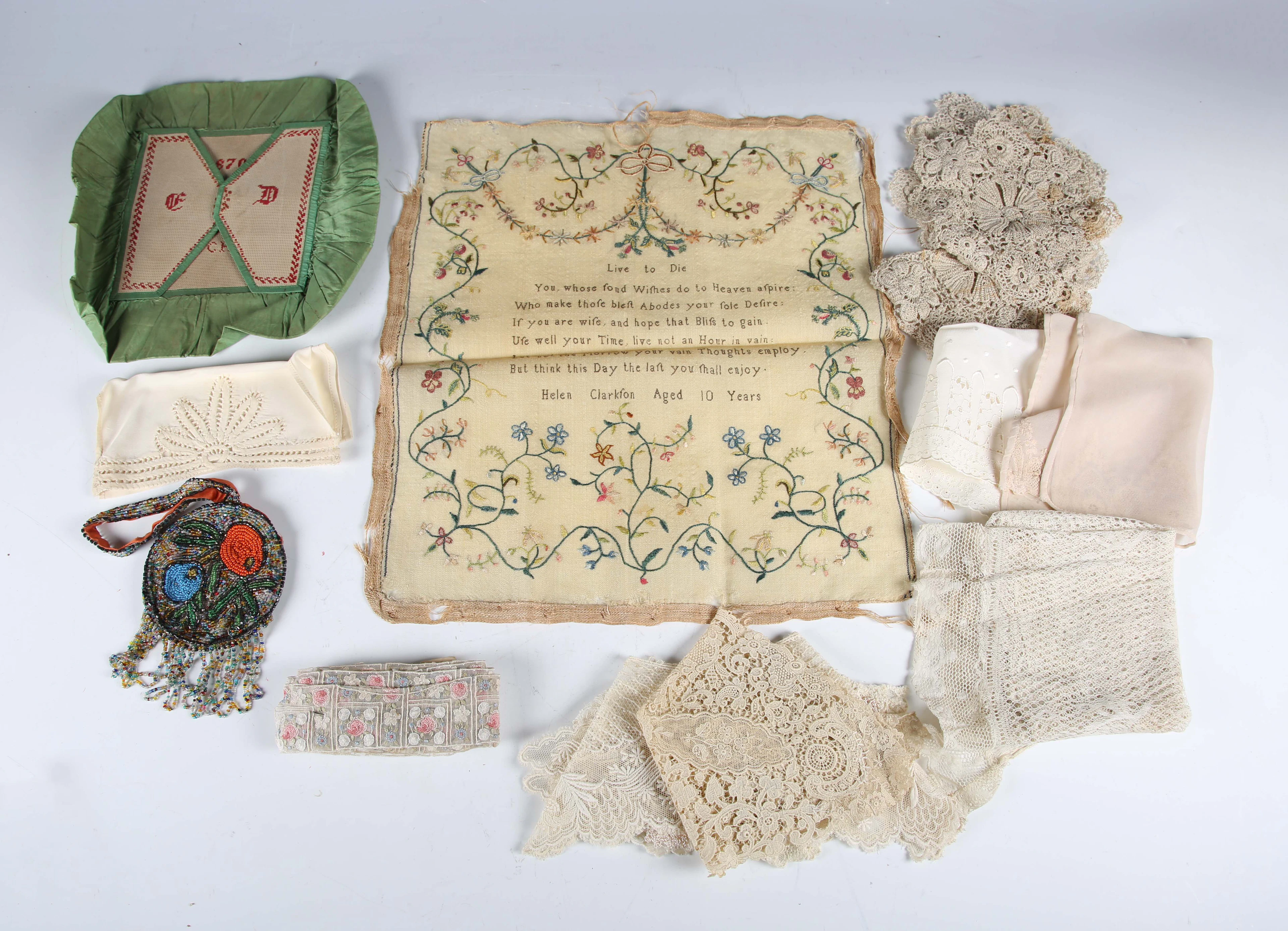 A small group of textiles, including a 19th century needlework sampler