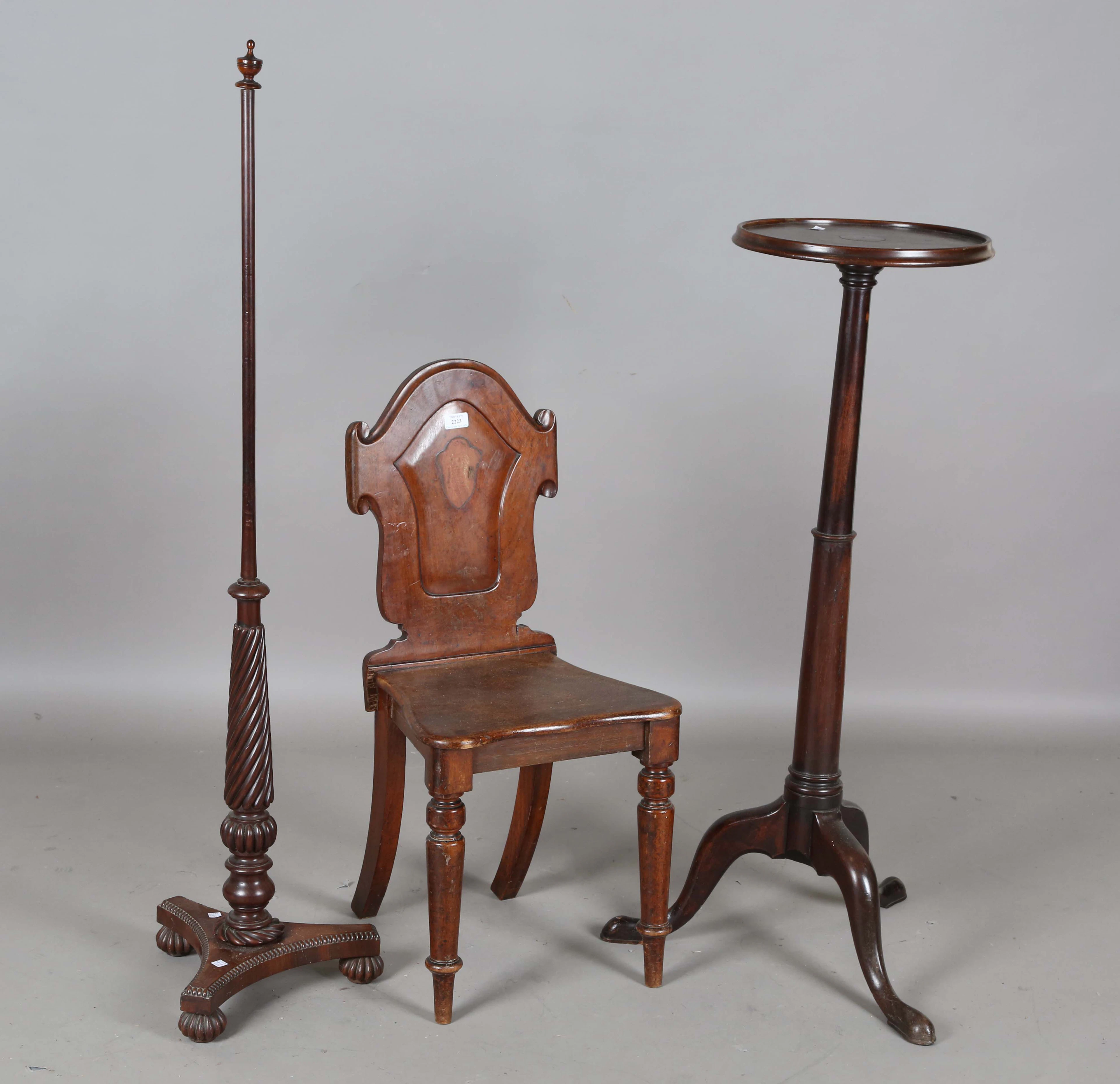 A Victorian mahogany hall chair, height 87cm, width 41cm, a Regency