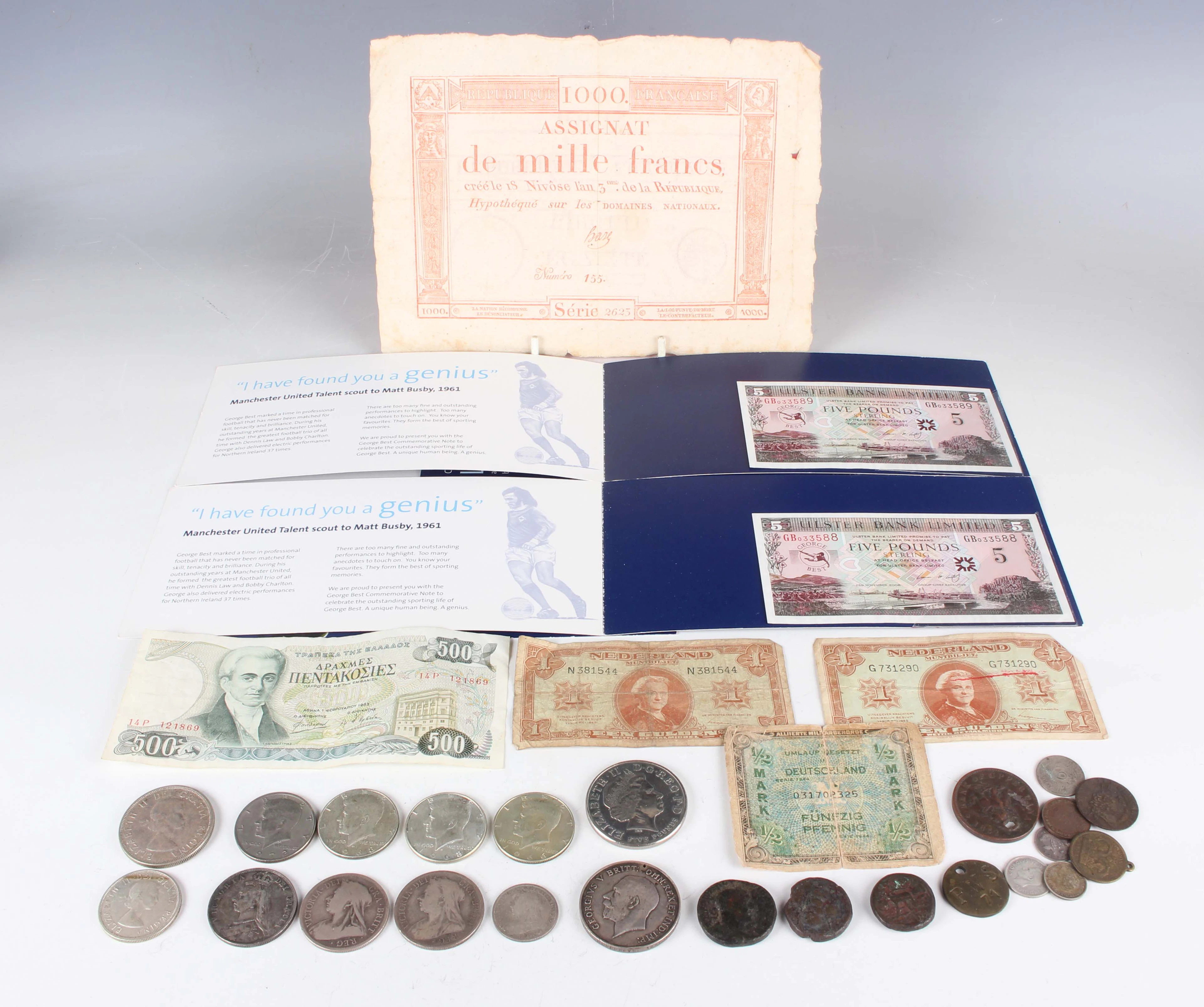 A small collection of mixed coins, banknotes and paranumismatic items