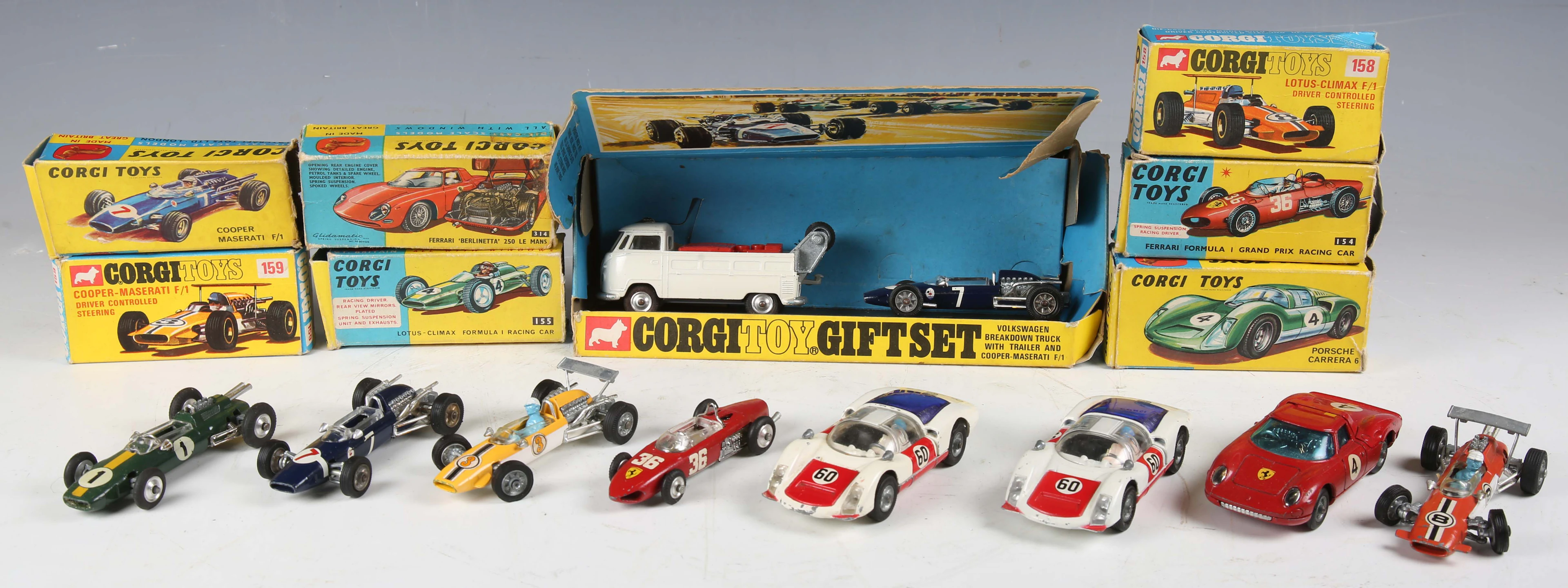 Eight Corgi Toys sports and racing cars, comprising No. 154 Ferrari