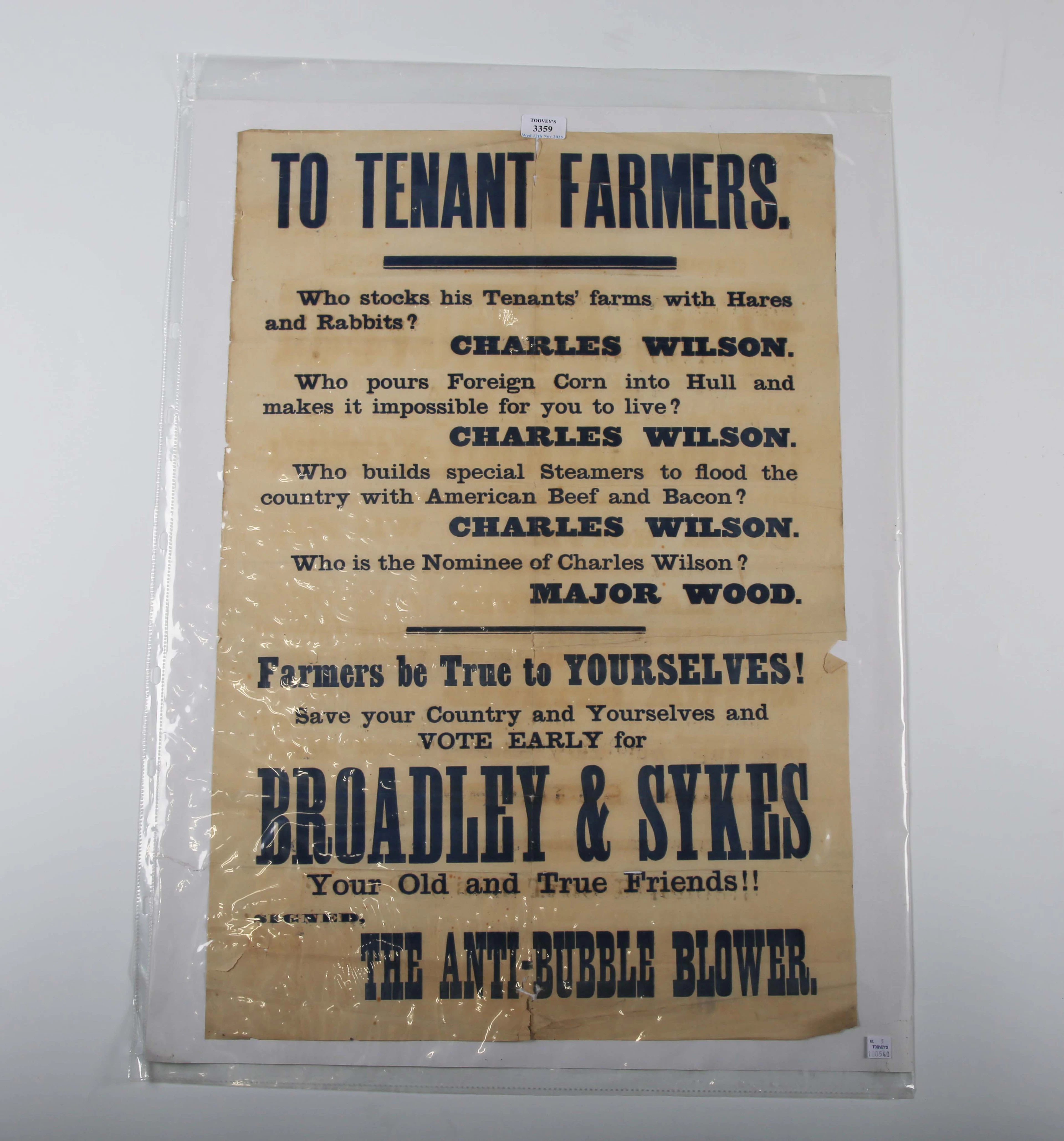 POSTERS. An election poster ‘To Tenant Farmers… vote early for Broadley