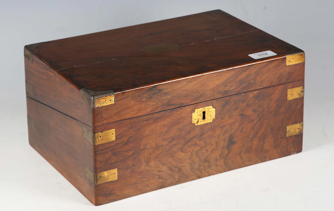 A late Victorian brass bound walnut writing slope, width 35cm.