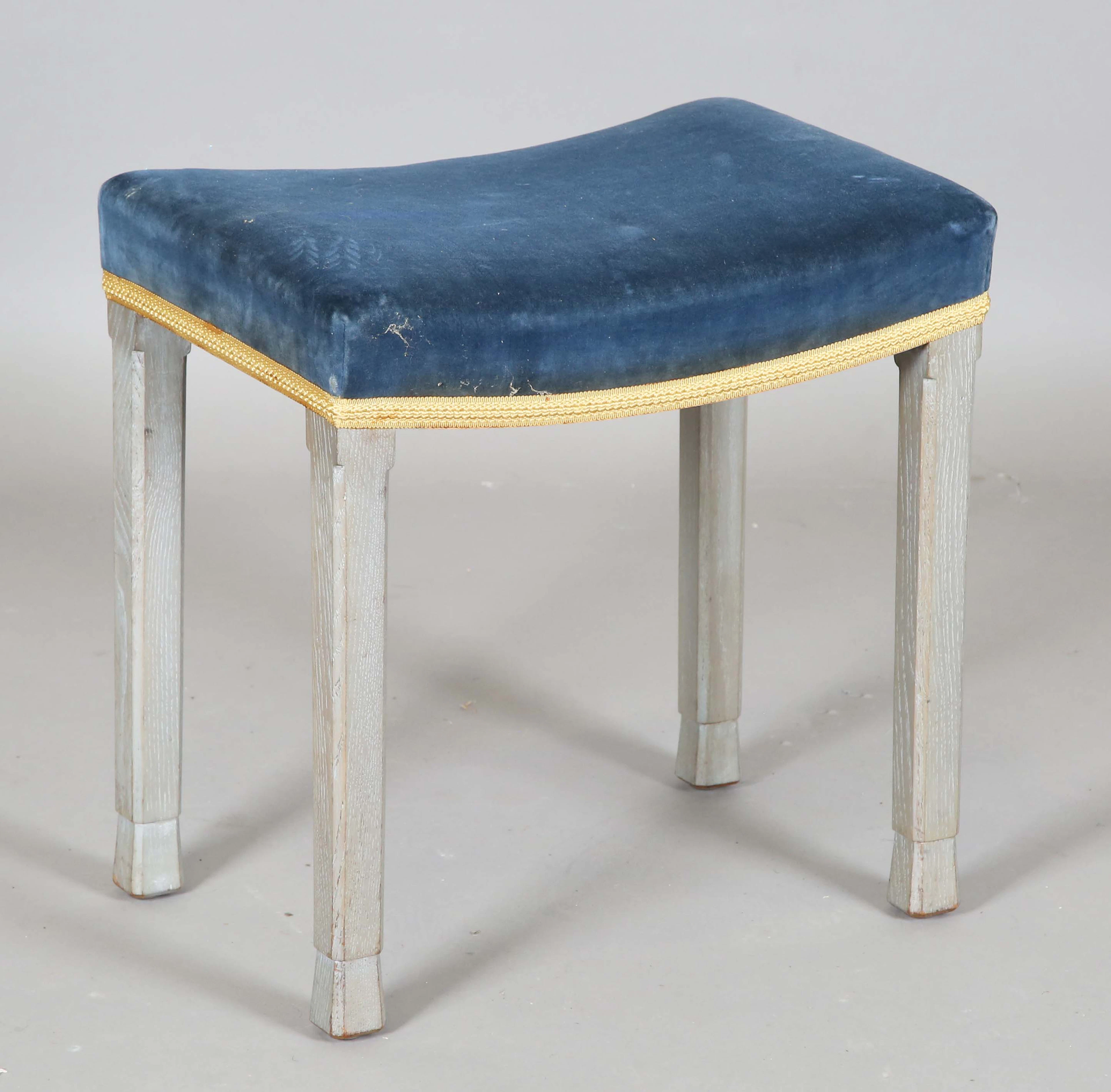 An Elizabeth II coronation stool, the blue velvet seat on grey painted