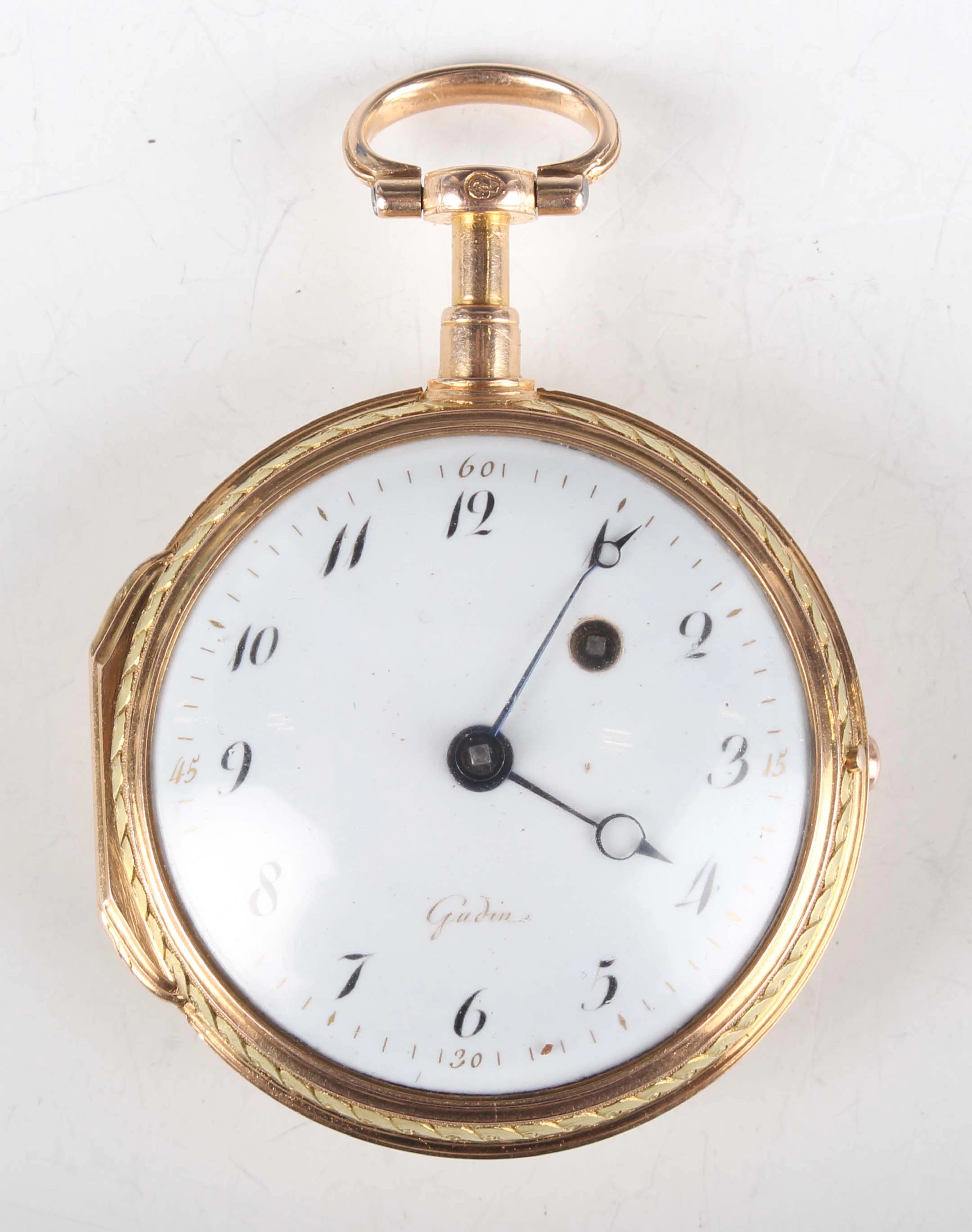 A late 18th century French two colour gold and enamelled cased keywind