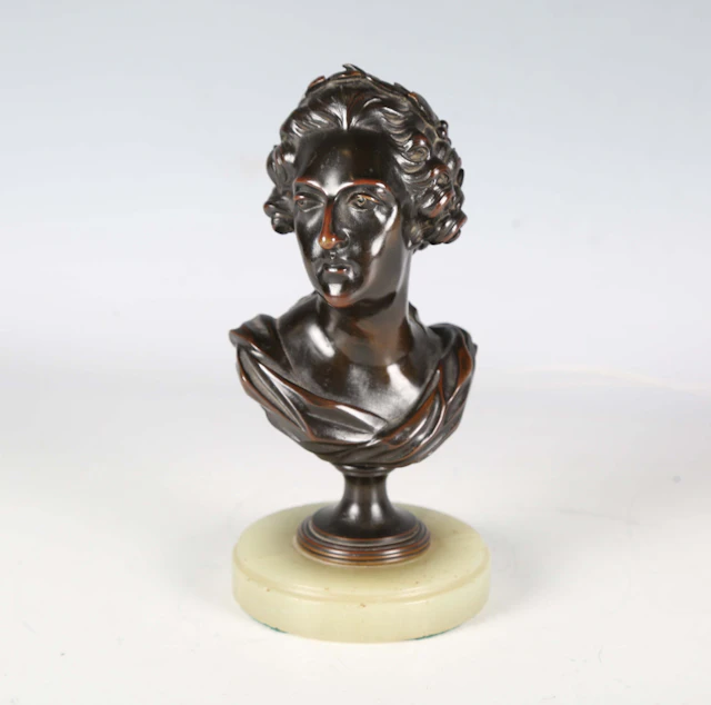 A 19th century French brown patinated cast bronze head and shoulders