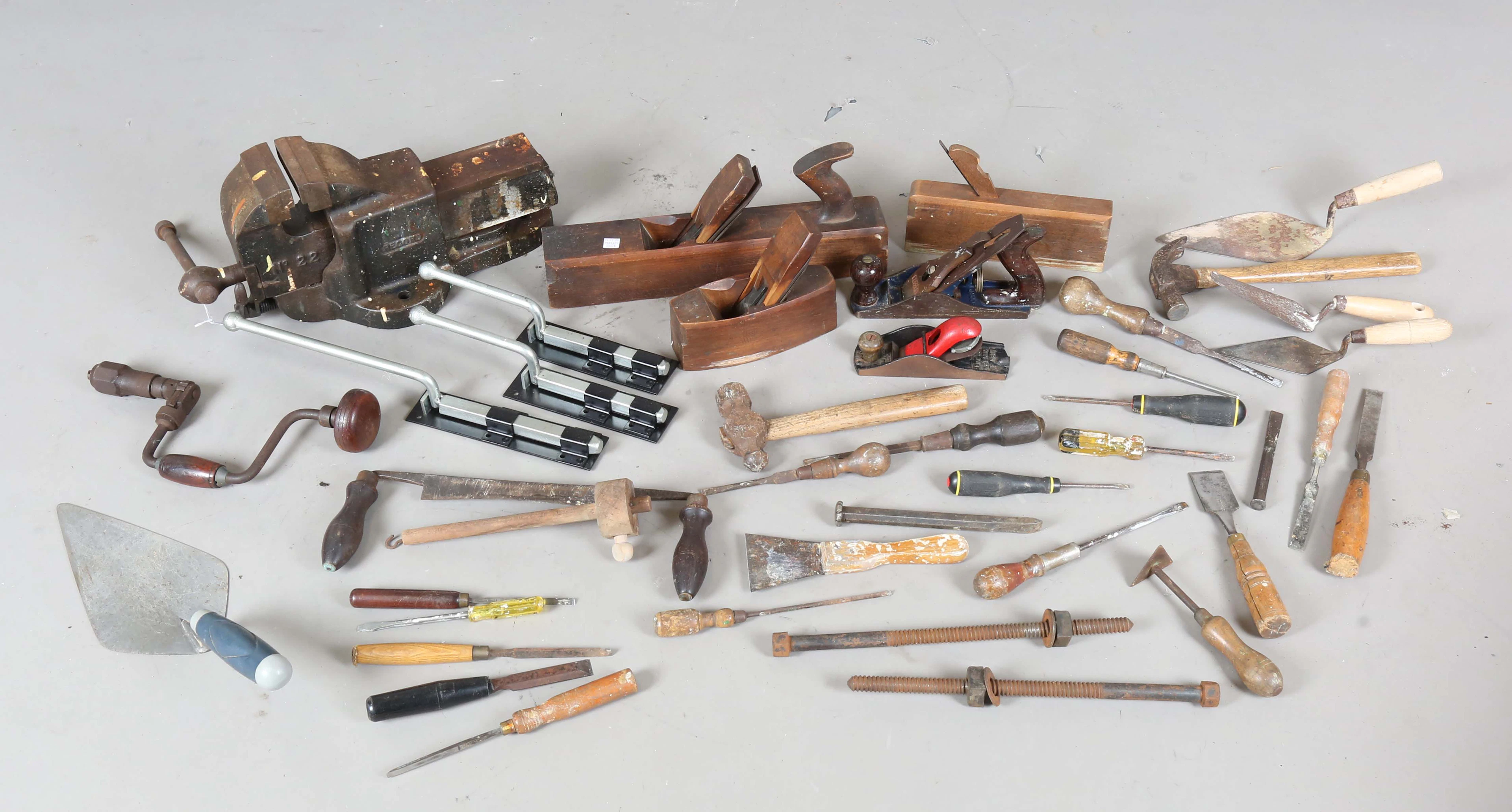 A group of woodworking tools, including a Record No. 3 plane, a Record