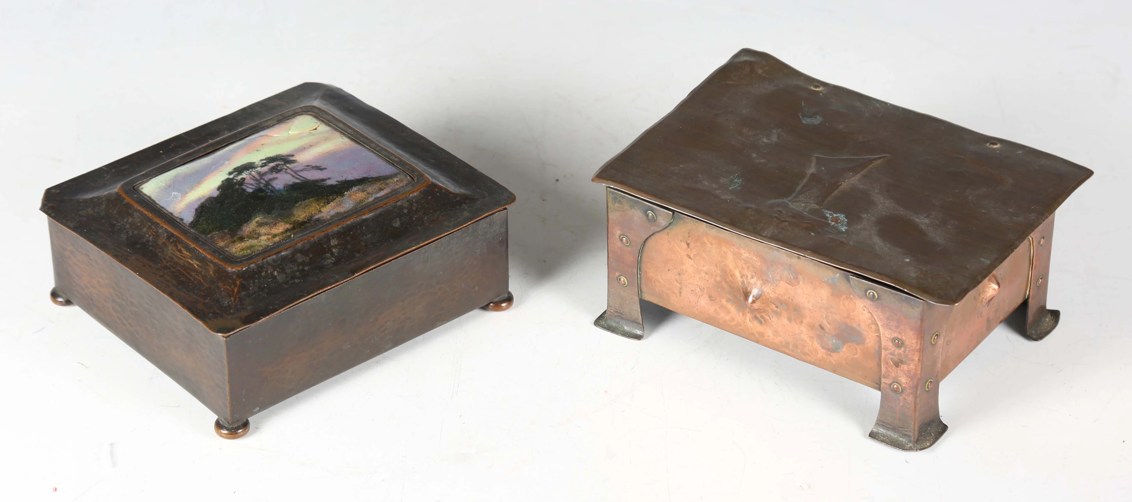 An Edwardian Arts and Crafts patinated copper and enamel box, possibly