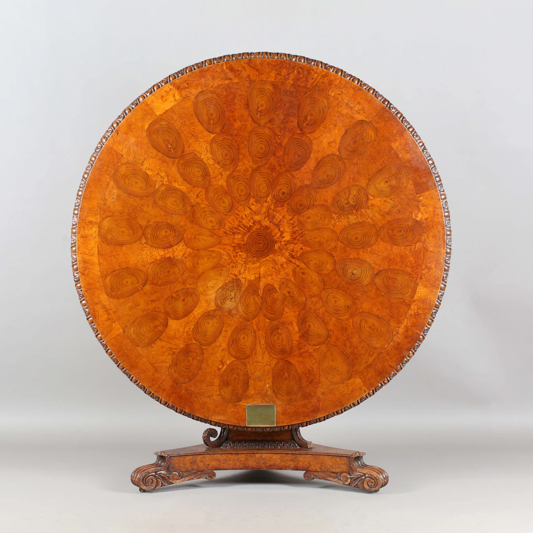 An important Regency pollard oak and mulberry oyster-veneered circular